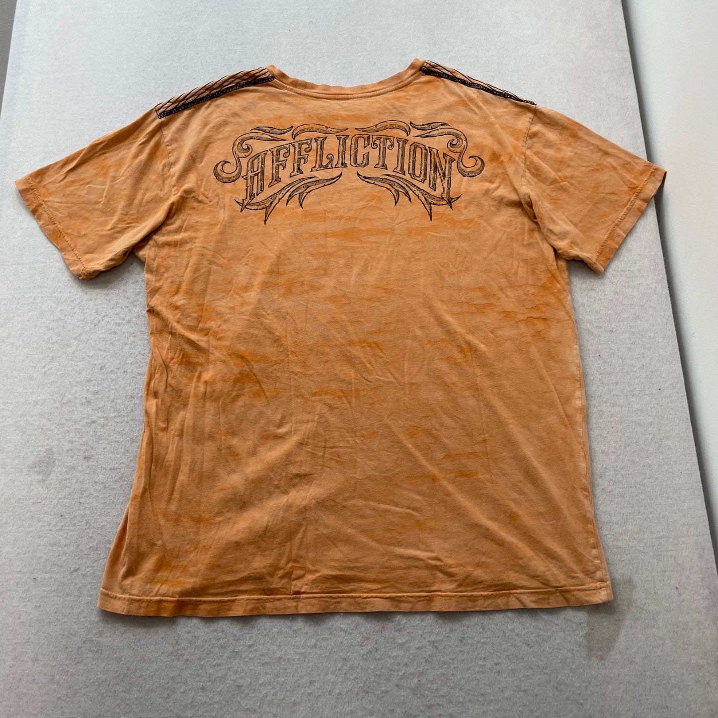 Affliction T-Shirt Men's Orange Cotton Y2K Graphic Short Sleeve Tee Size 2XL