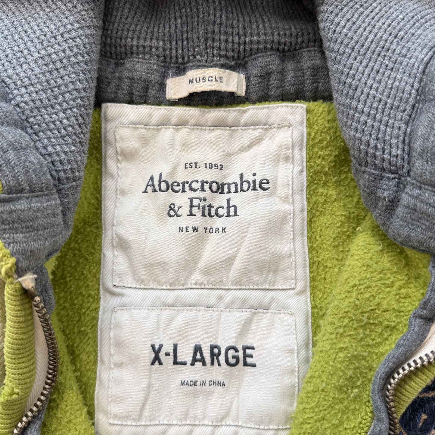 Vintage Abercrombie & Fitch Men's Olive Green Fleece Zip-Up Hoodie Y2K Size XL