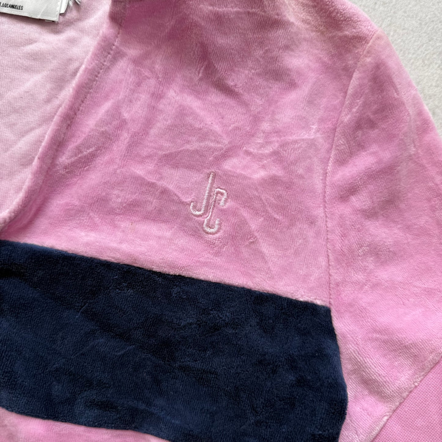 Juicy Couture Women's Pink Blue Striped Velour Blouse Top Full Zip Short Sleeve