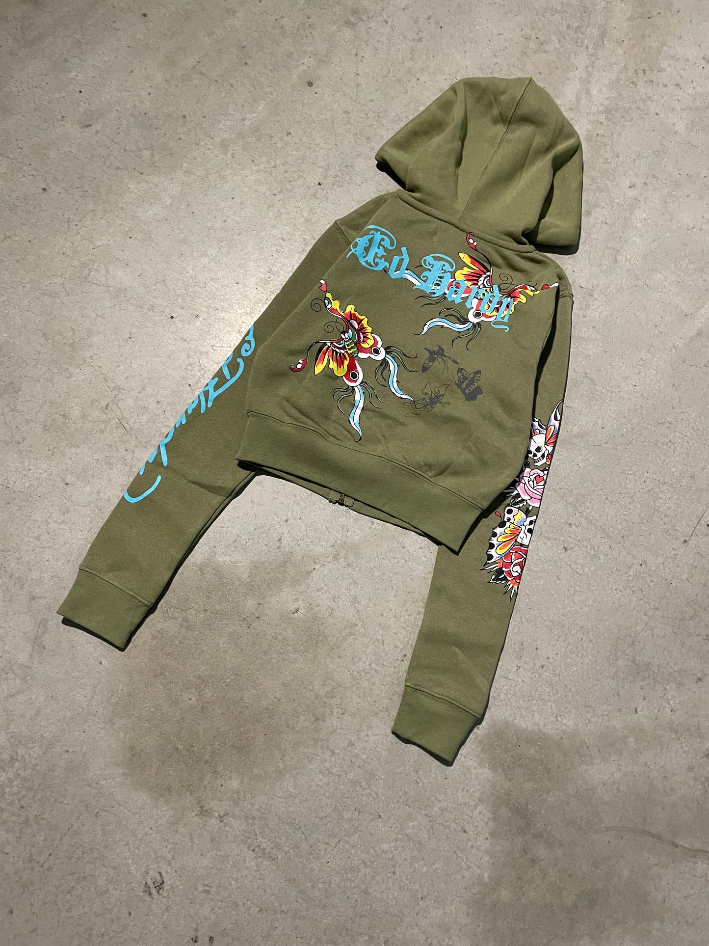 ED HARDY “BUTTERFLIES” SAGE CROPPED ZIP UP HOODIE