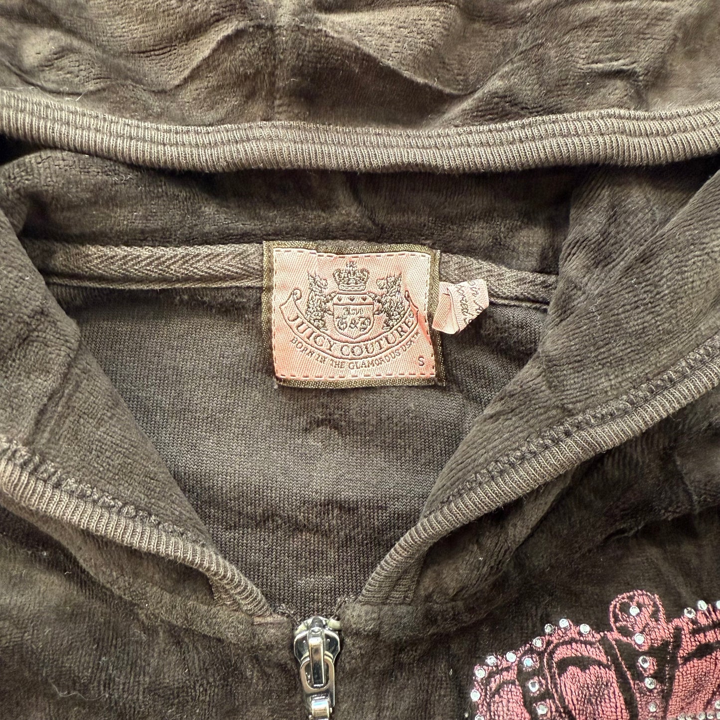 Vintage Juicy Couture Women's Brown Velour Zip Up Hoodie Rhinestones Logo Size S