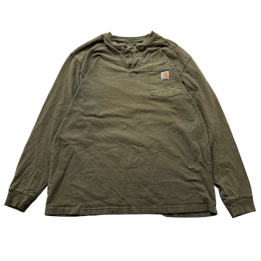 Carhartt Original Fit Men's Olive Cotton T-Shirt Long Sleeve Henley Neck Tee - L