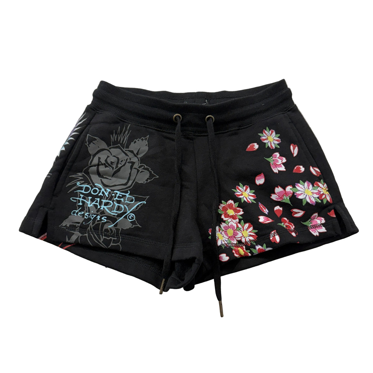 Ed Hardy black cherry blossom graphic sweat shorts front size XS