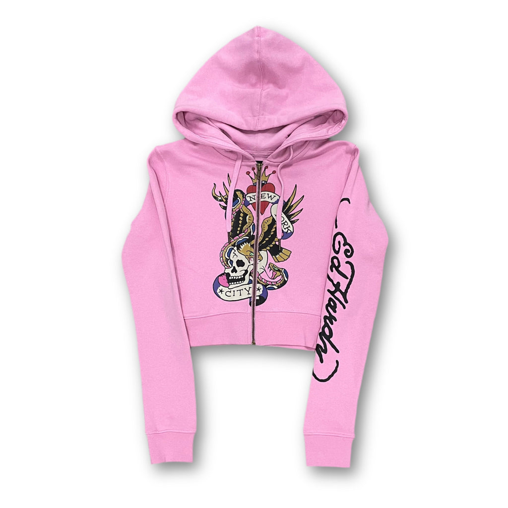 ED HARDY “Flying Skull” PINK CROPPED ZIP UP HOODIE