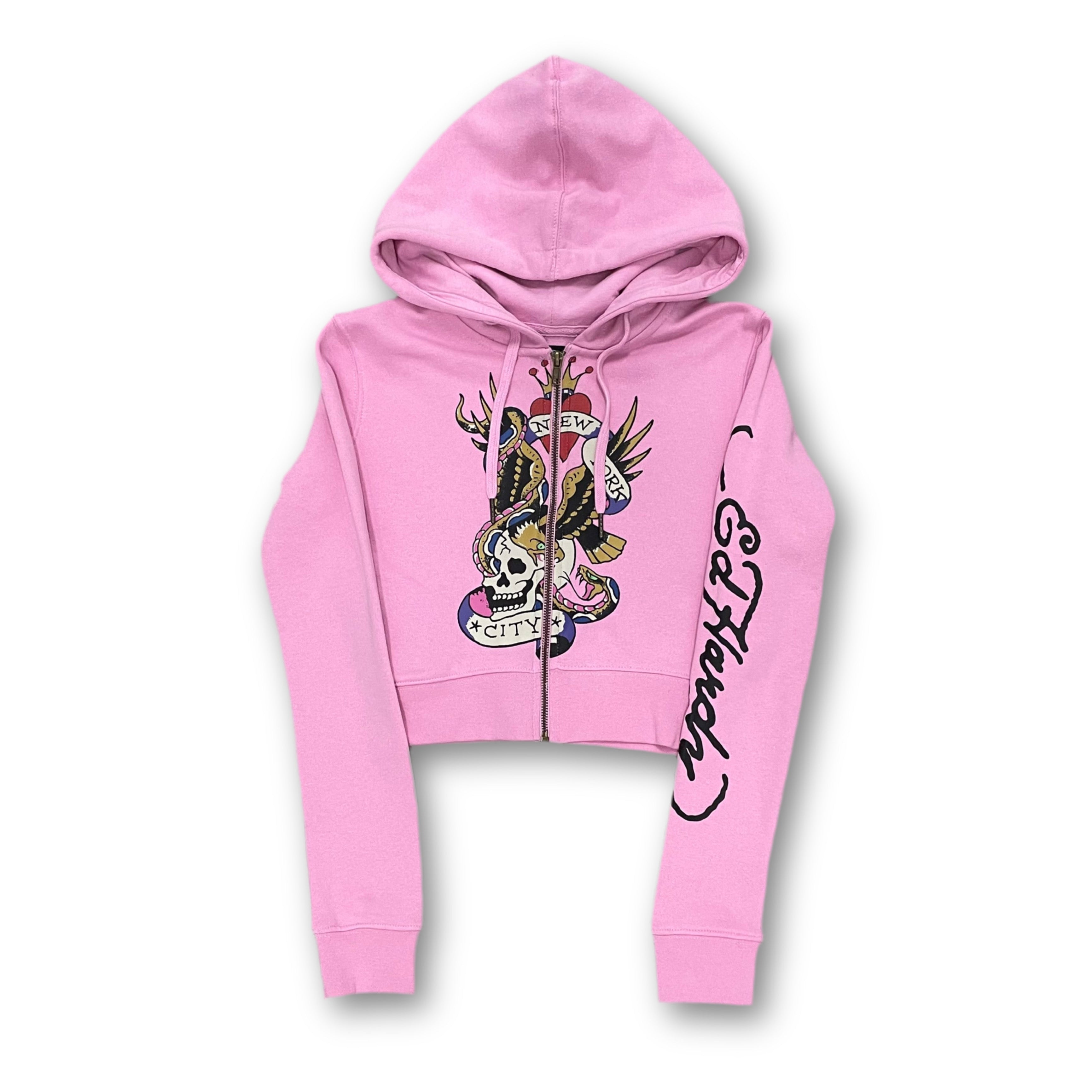 ED HARDY “Flying Skull” PINK CROPPED ZIP UP HOODIE