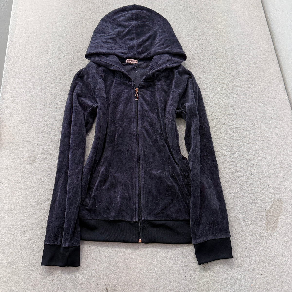 Juicy Couture Women's Navy Velour Zip-Up Hoodie Sequin Crest Logo Y2K Size L
