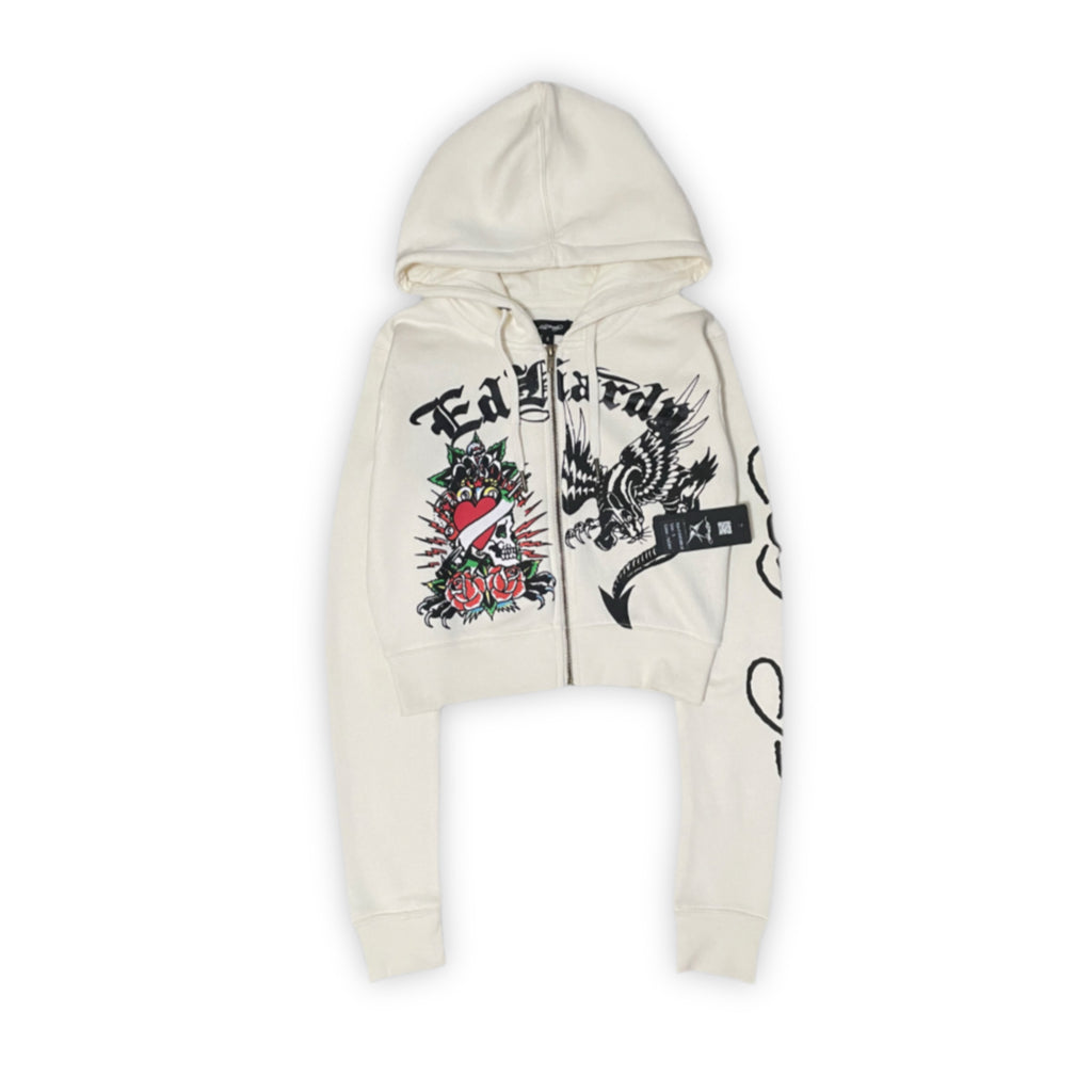 ED HARDY “DRAGON HEART” IVORY CROPPED ZIP UP HOODIE