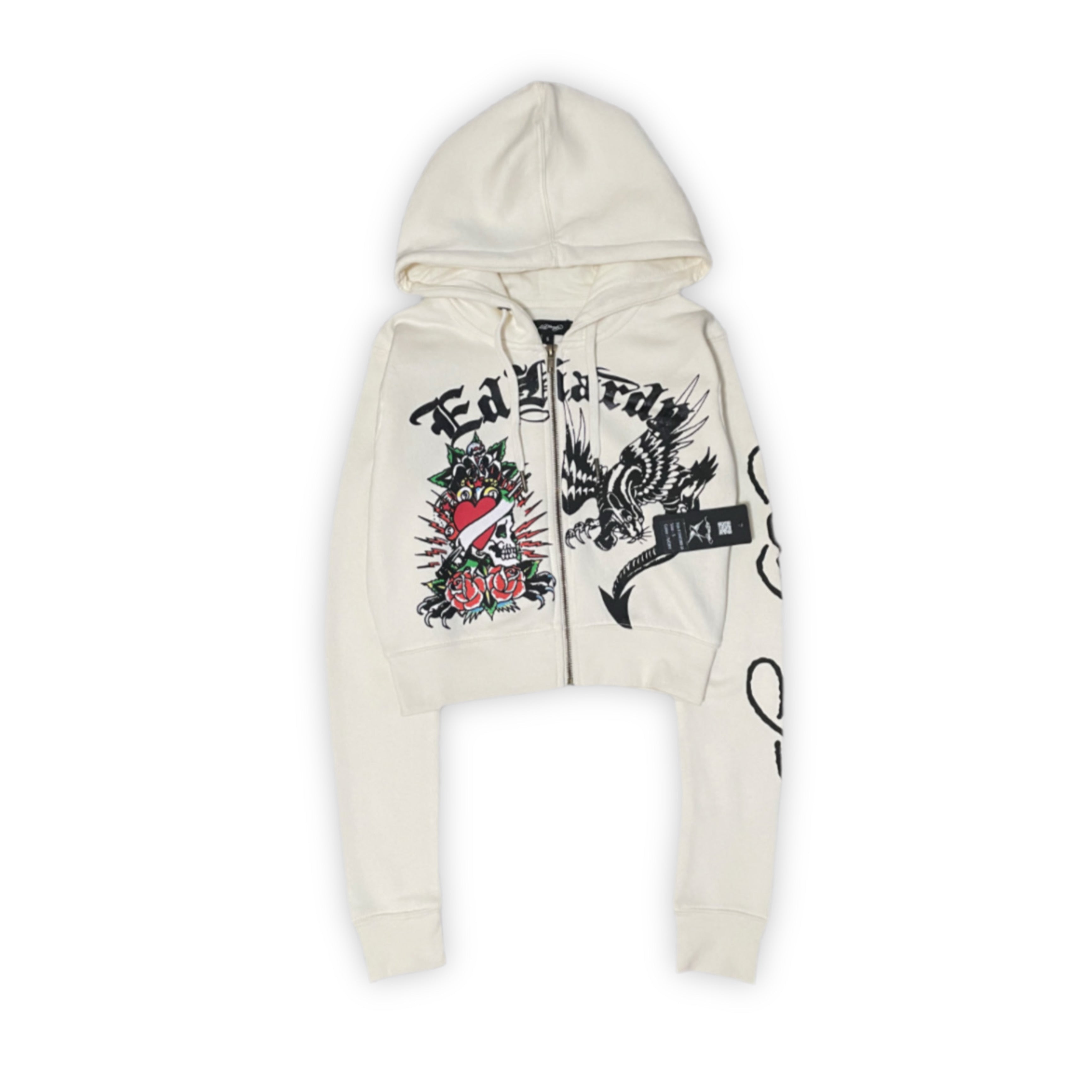 ED HARDY “DRAGON HEART” IVORY CROPPED ZIP UP HOODIE