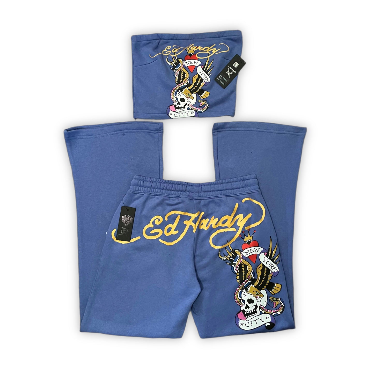 ED HARDY “NYC” BLUE TUBE TOP & PANT SET - Clean Curriculums 