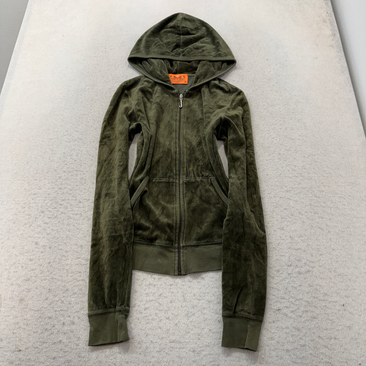 RARE 2003 Juicy Couture Scottie Dogs Womens Olive Green Velour Zip-Up Hoodie - S