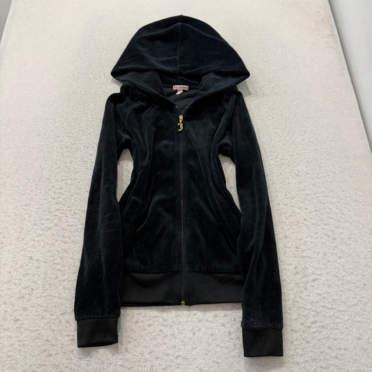 Juicy Couture Womens Black Velour Zip-Up Hoodie Pockets Rhinestone Crest Size XS