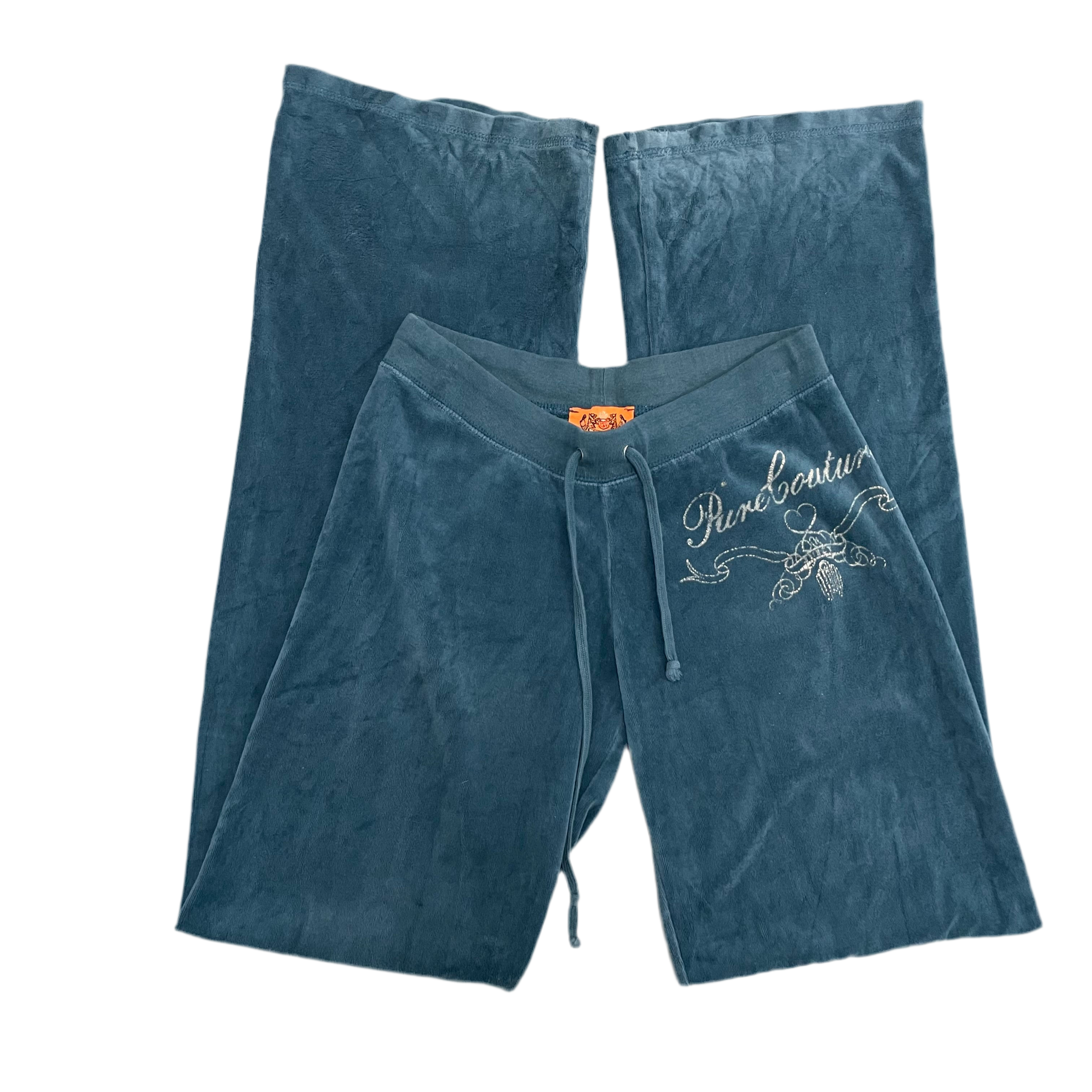 Vintage Juicy Couture Teal Velour Pants “Pure Couture” Design Size S