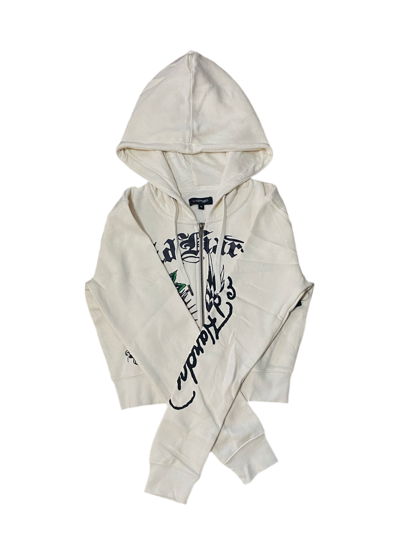 ED HARDY “DRAGON HEART” IVORY CROPPED ZIP UP HOODIE