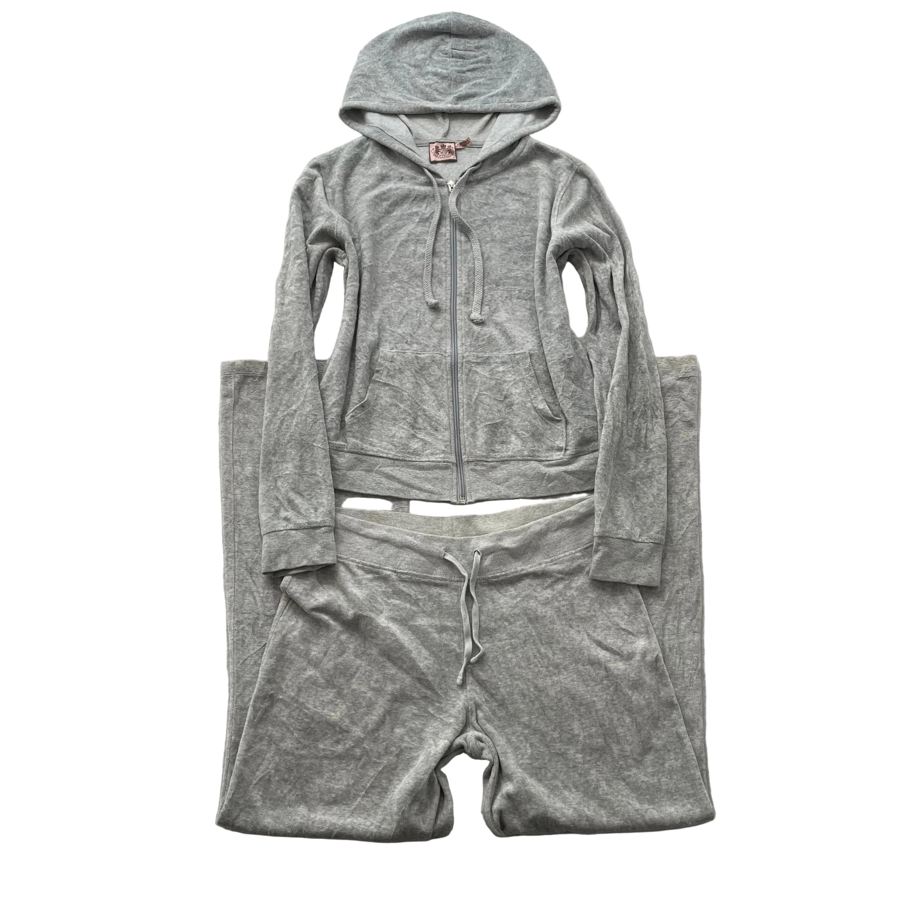 Vtg Juicy Couture Women's Heather Grey Velour Tracksuit Set Hoodie & Pant Size S
