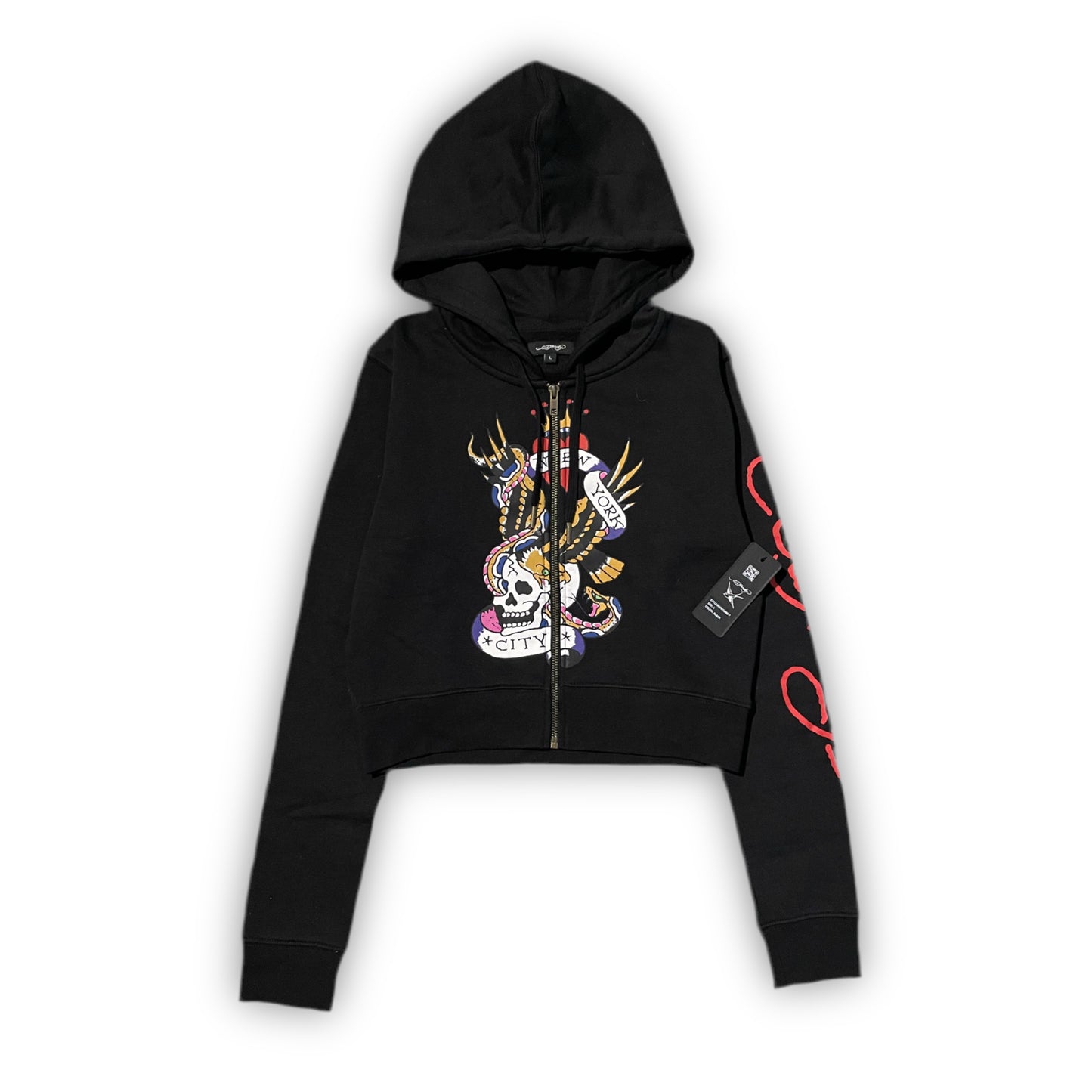 Ed Hardy “NYC Skull” black cropped zip up hoodie - Clean Curriculums 