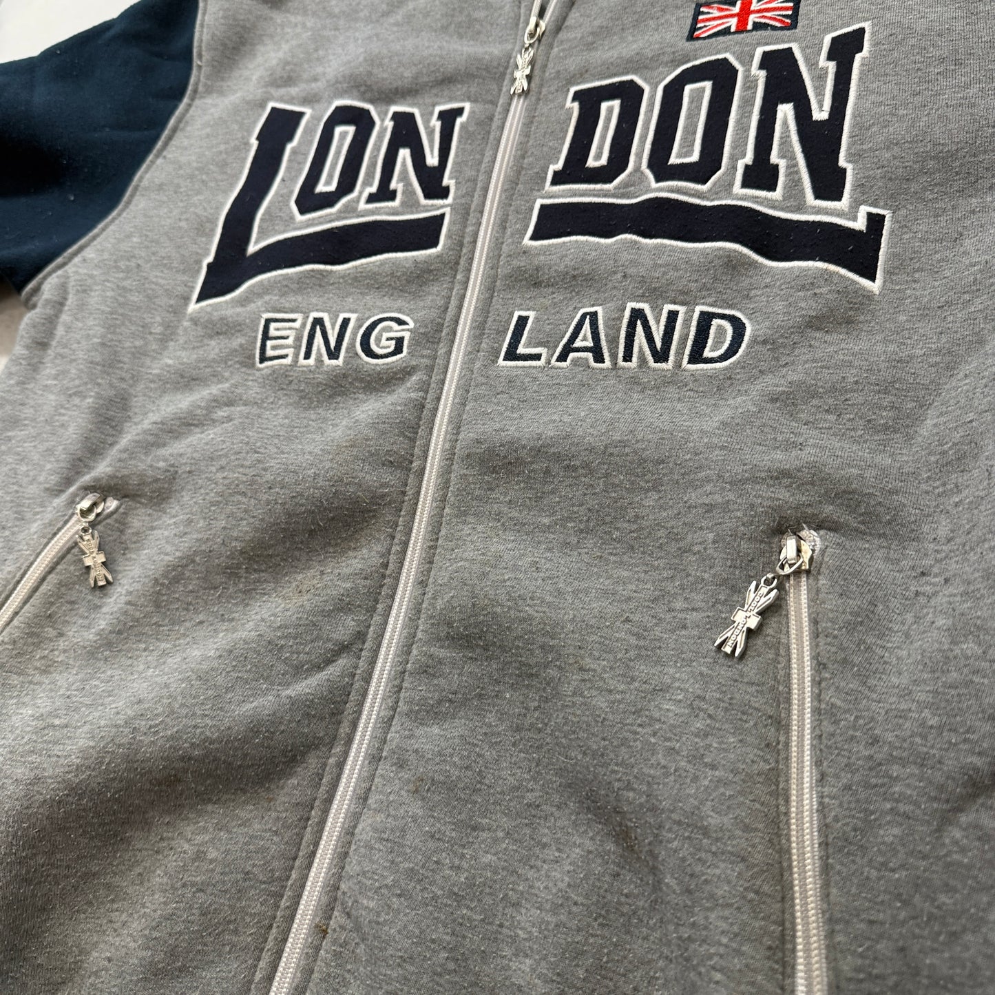 Cool London England Men's Grey Full Zip Fleece Varsity Jacket Pockets Size L