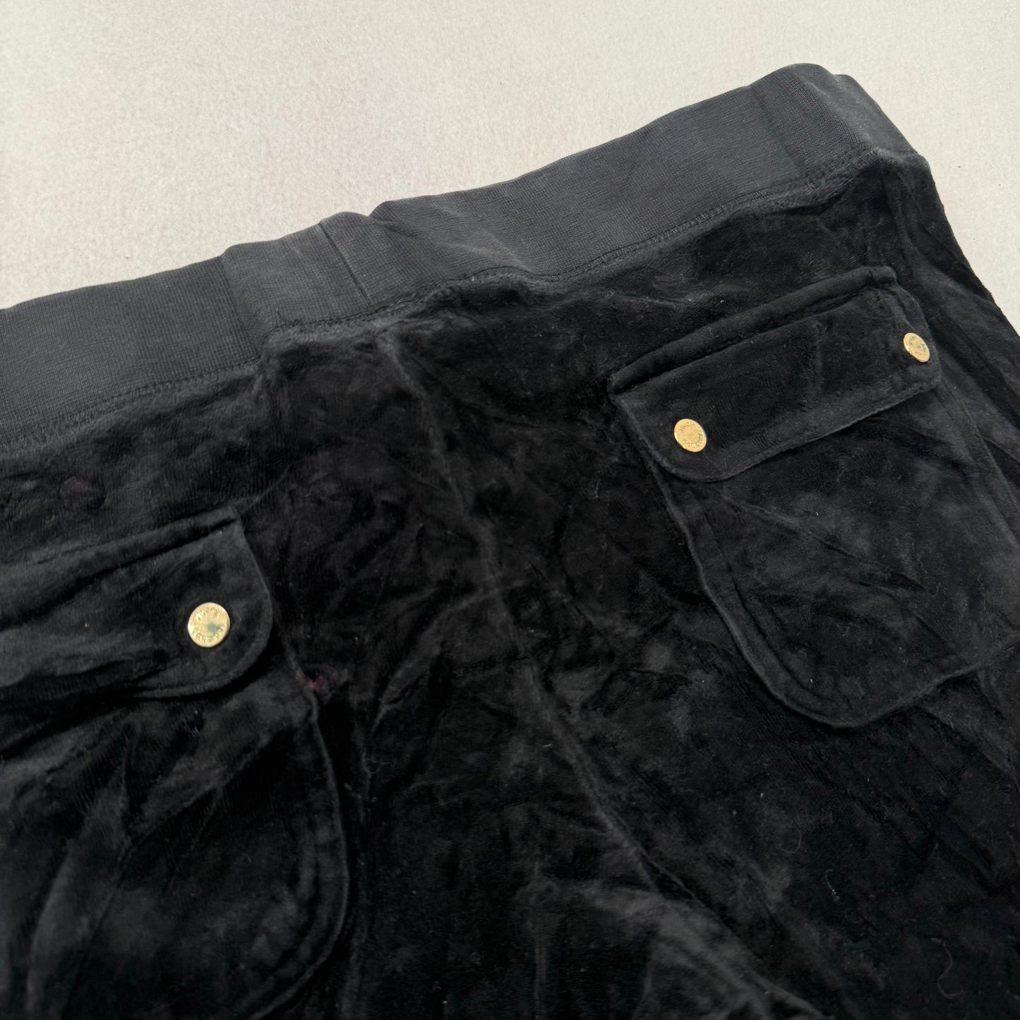 Vintage Juicy Couture Women's Black Velour Flared Track Pants Snap Pocket Size L
