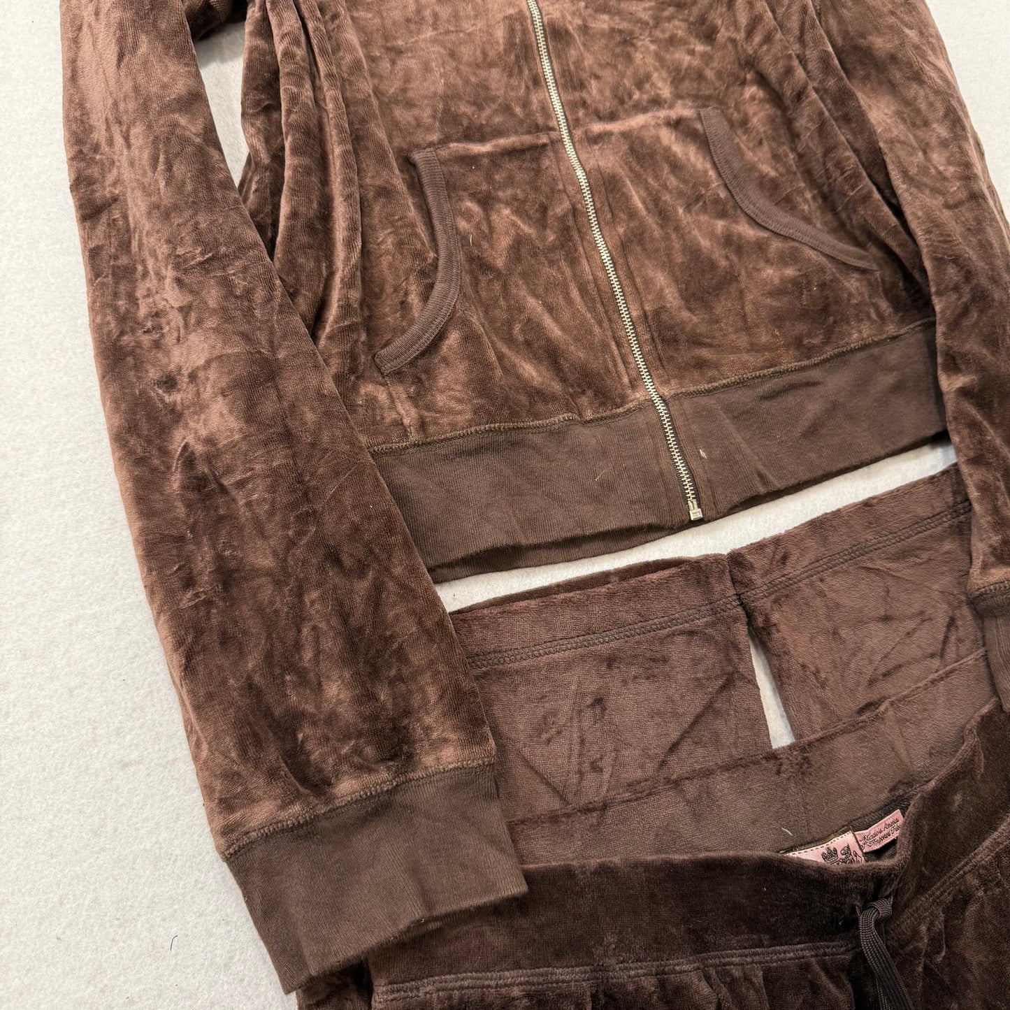 Juicy Couture Brown Velour Tracksuit Set Zip-Up Hoodie & Drawstring Pant Size M/L