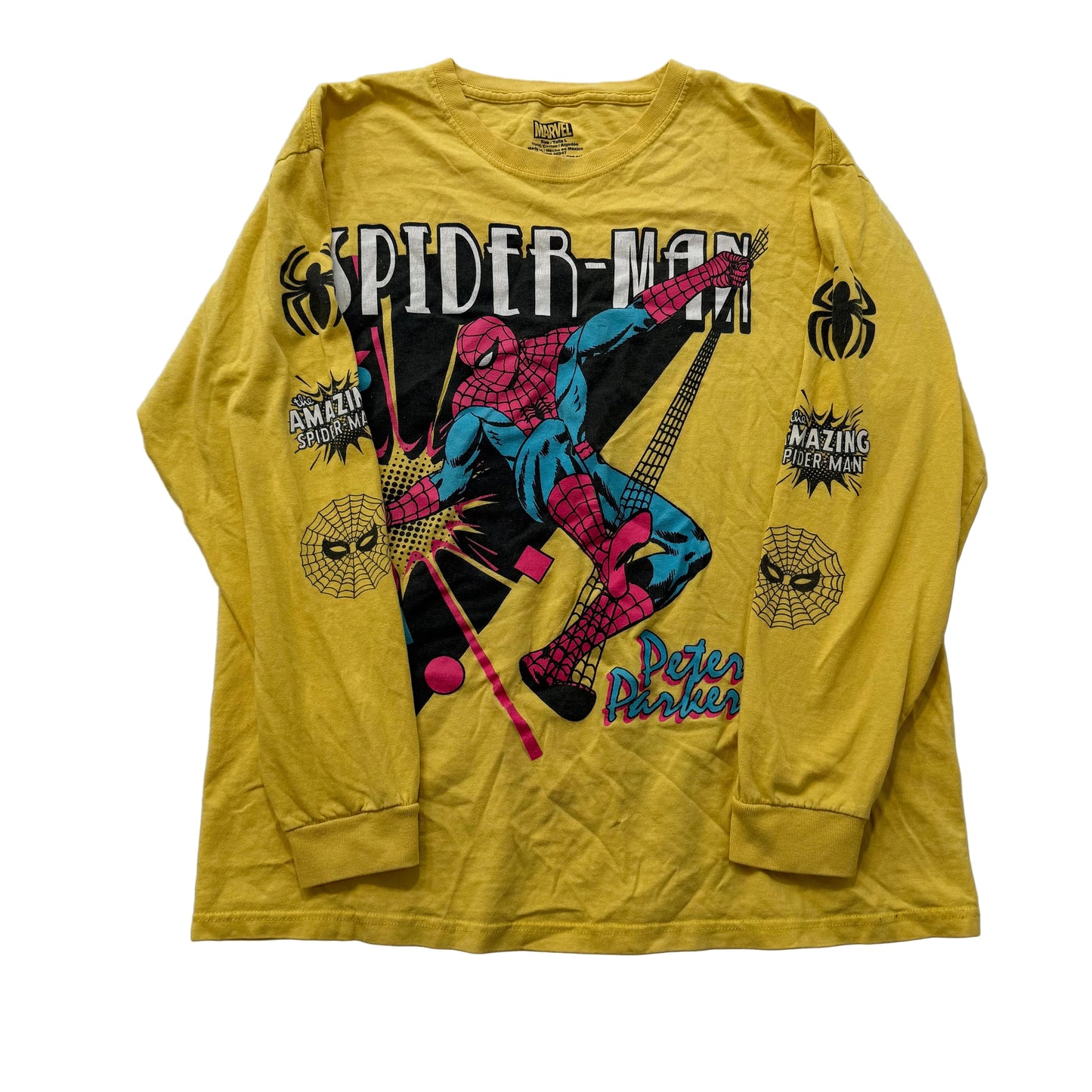 Marvel Men's Mustard Yellow Cotton T-Shirt Amazing Spider-Man Graphic Tee Size L