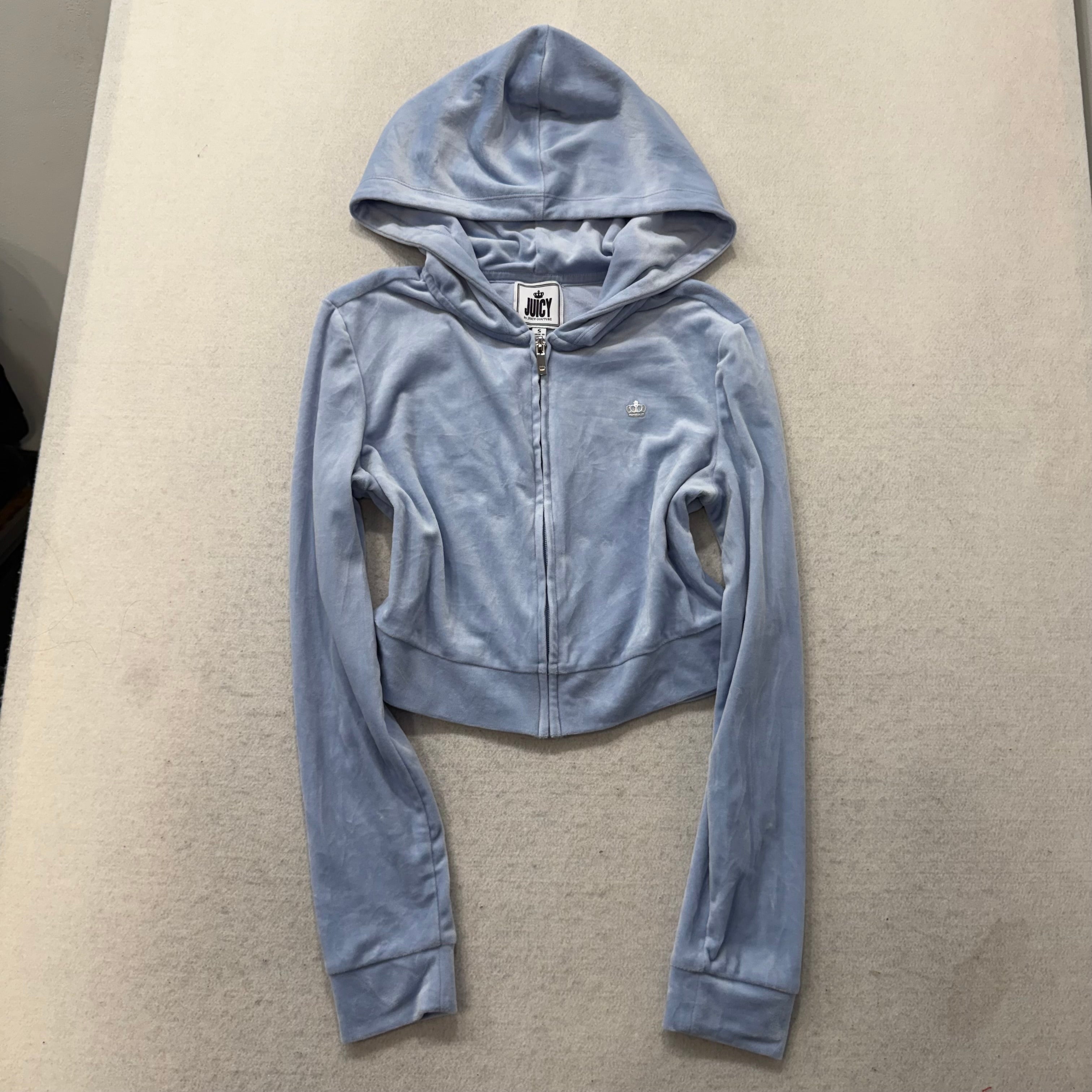 Juicy Couture Women Powder Blue Velour Zip Up Cropped Hoodie Graphic Logo Size S