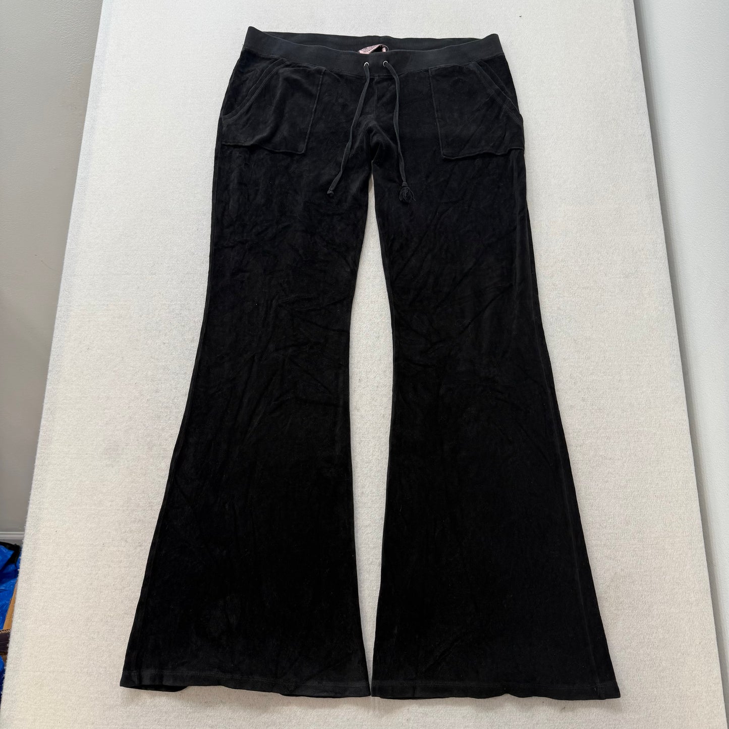Vintage Juicy Couture Women's Black Velour Flared Track Pant Snap Pockets Size L
