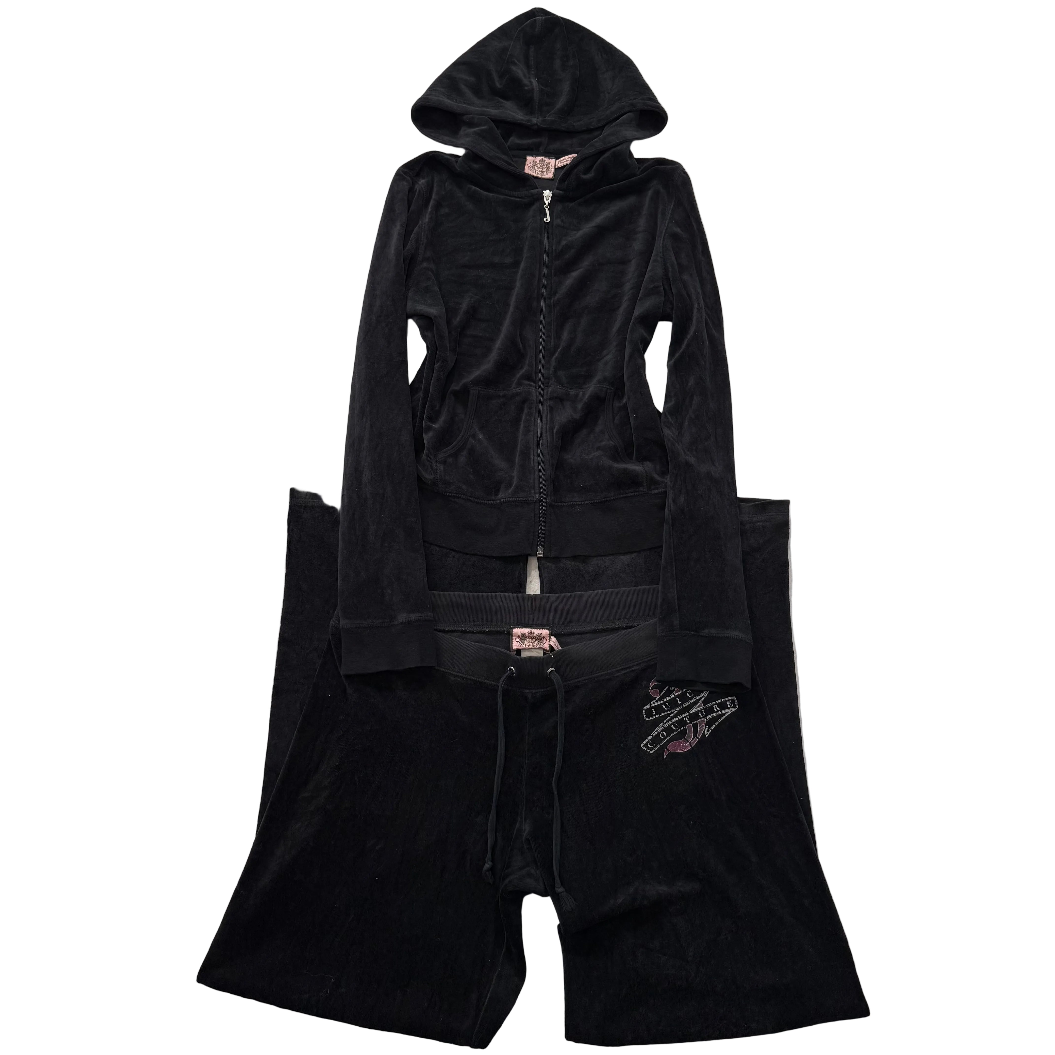 Juicy Couture Black Velour Tracksuit Set Zip Up Hoodie & Flared Pant Logo Size L