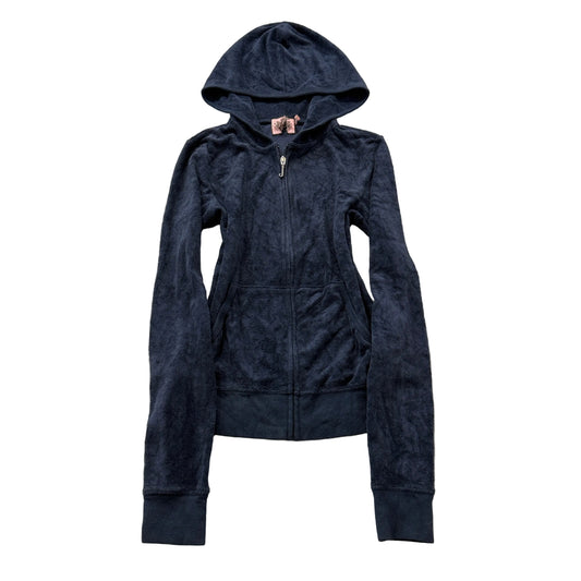 Vintage Juicy Couture Women's Navy Blue Terry Cloth Zip-Up Hoodie Pockets Size S