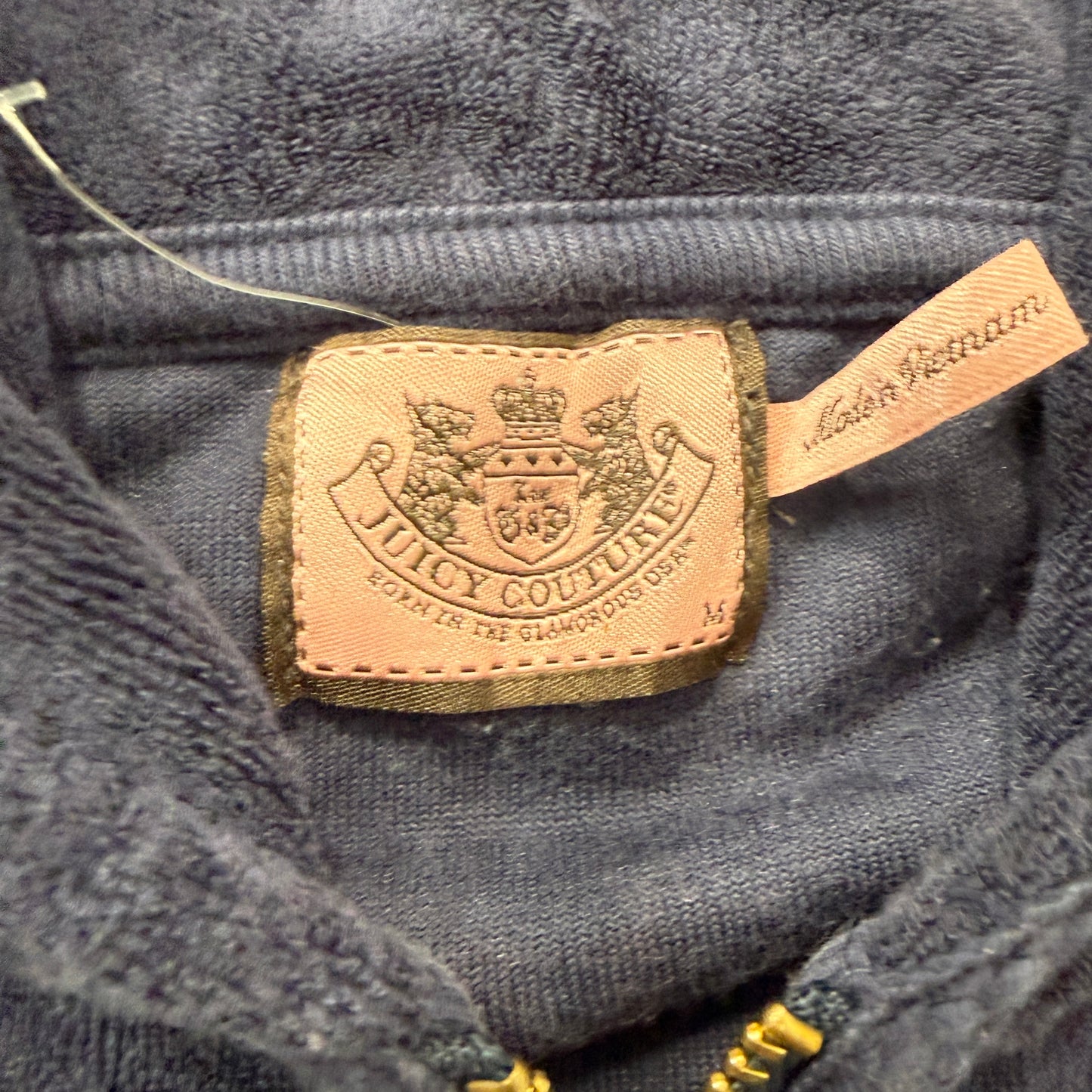 Juicy Couture Women's Navy Blue Velour Half Sleeve Zip-Up Hoodie Pockets Size M