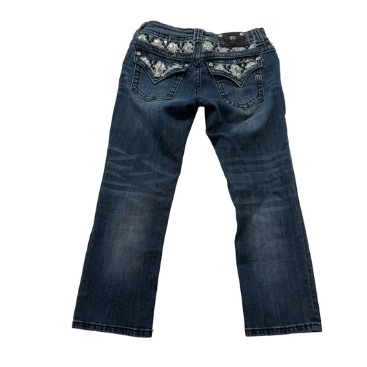 Miss Me Boyfriend Womens Dark Blue Denim Capri Jeans Sequins Flap Pocket Size 27