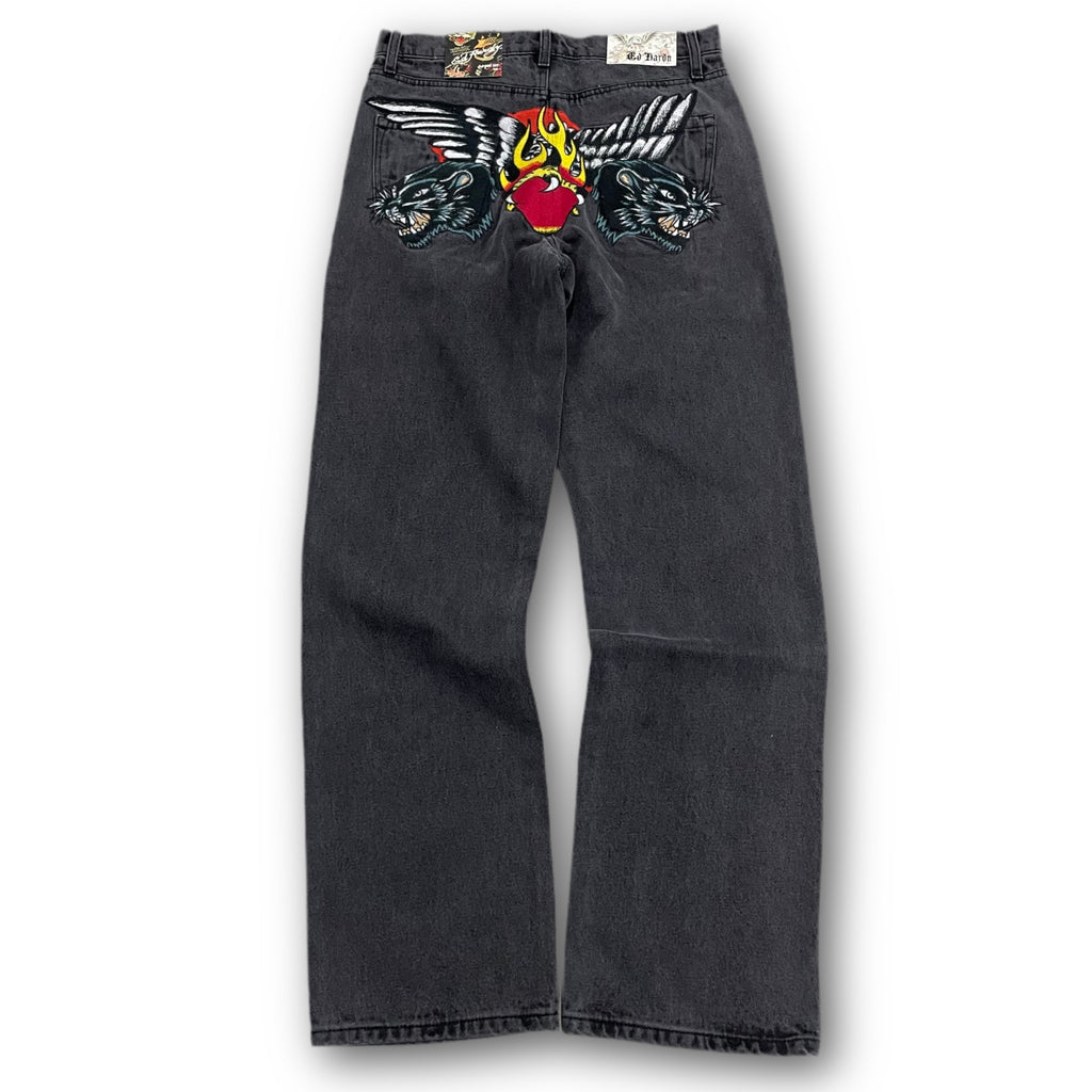 ED HARDY “Panther Wings” EMBROIDERED BLACK STRAIGHT LEG JEANS