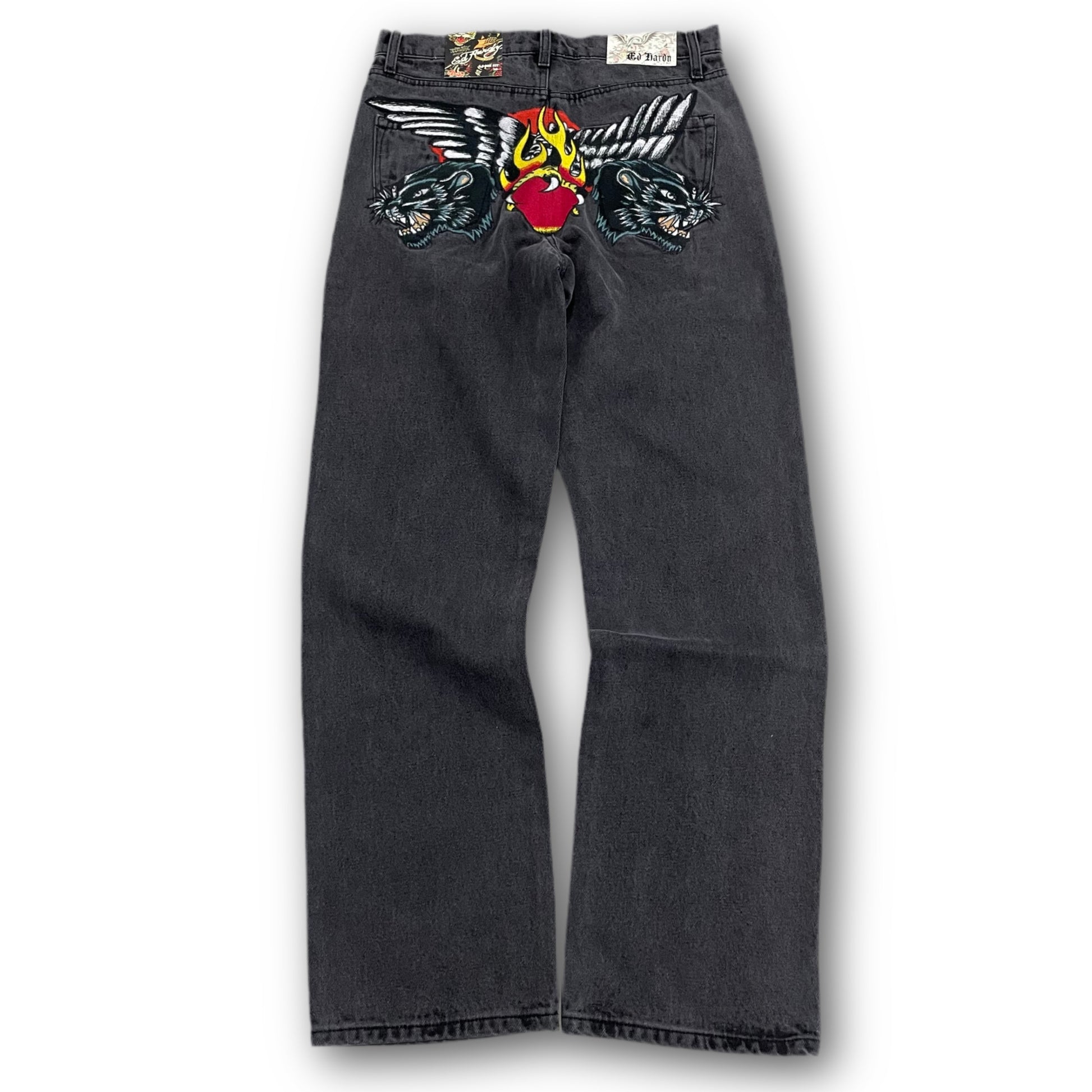 ED HARDY “Panther Wings” EMBROIDERED BLACK STRAIGHT LEG JEANS - Clean Curriculums 