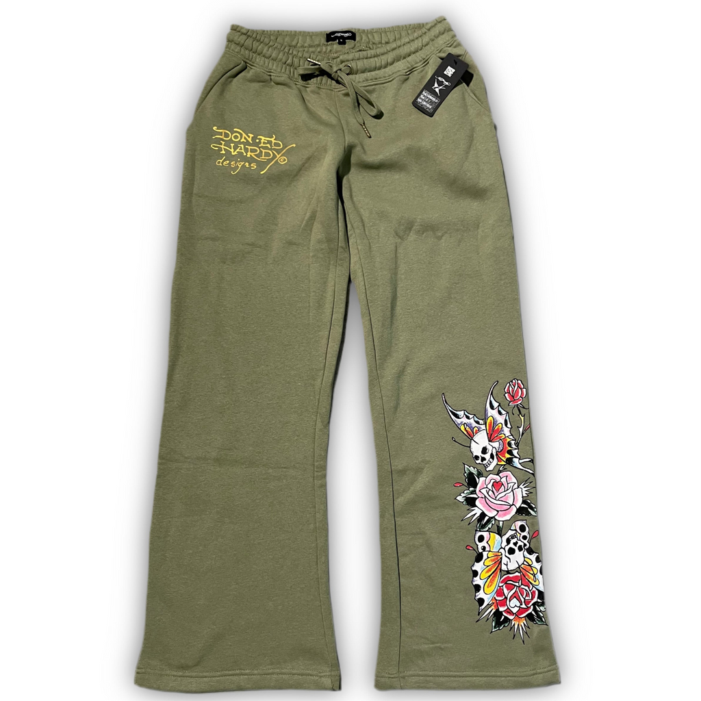ED HARDY SAGE WIDE LEG BUTTERFLY SWEATPANTS
