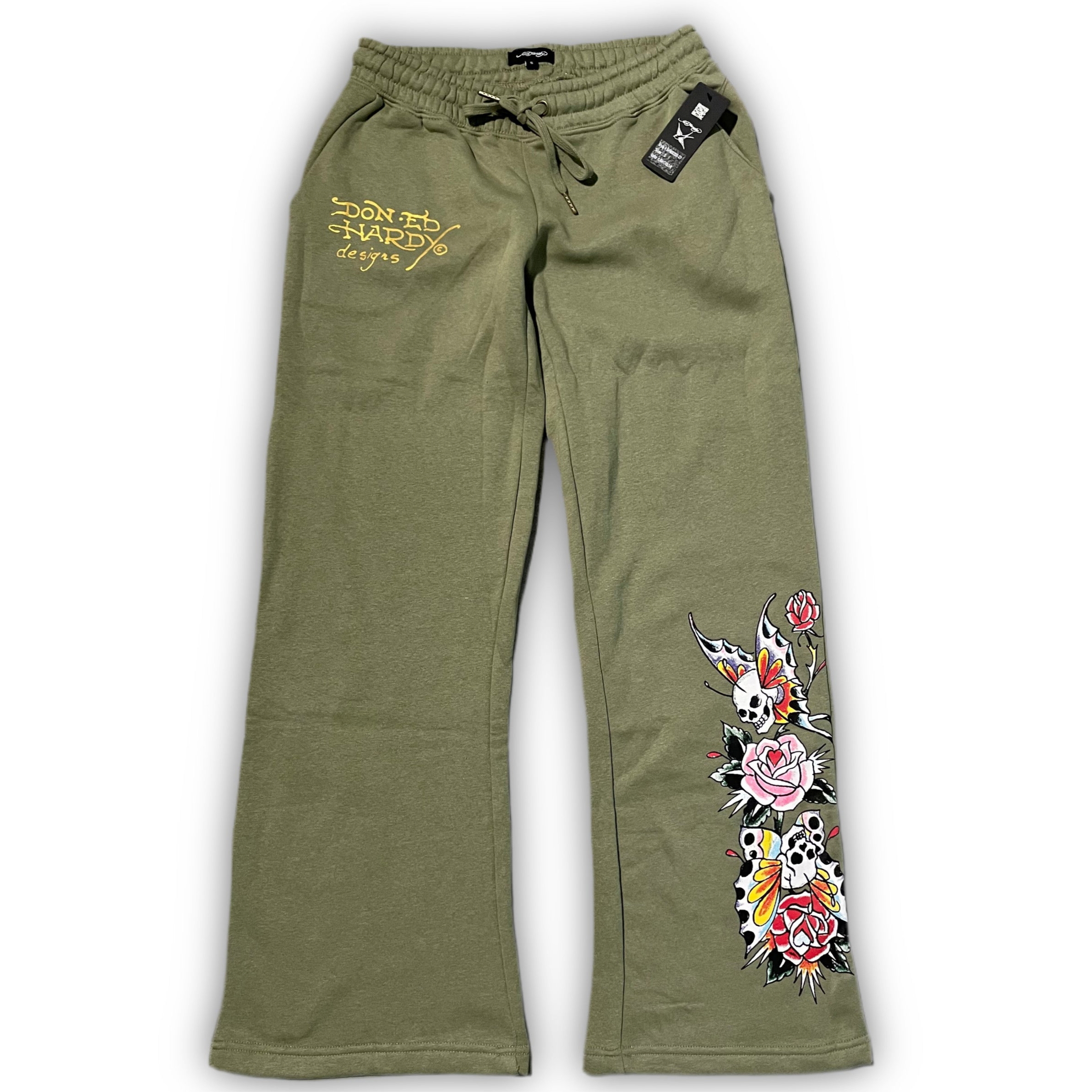 ED HARDY SAGE WIDE LEG BUTTERFLY SWEATPANTS