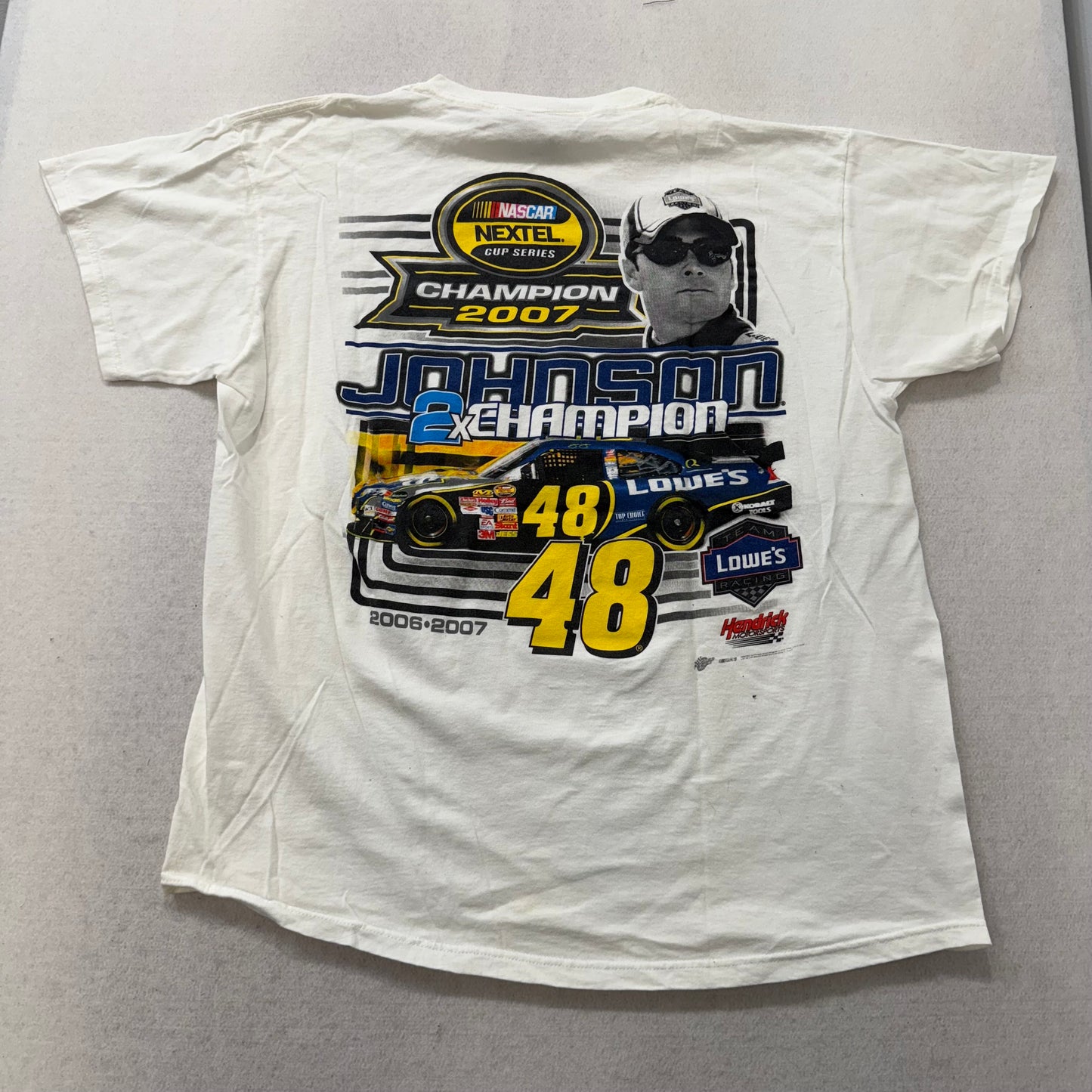 Jimmie Johnson #48 NASCAR 2007 Champion White Cotton T-Shirt Nextel Cup Size XL