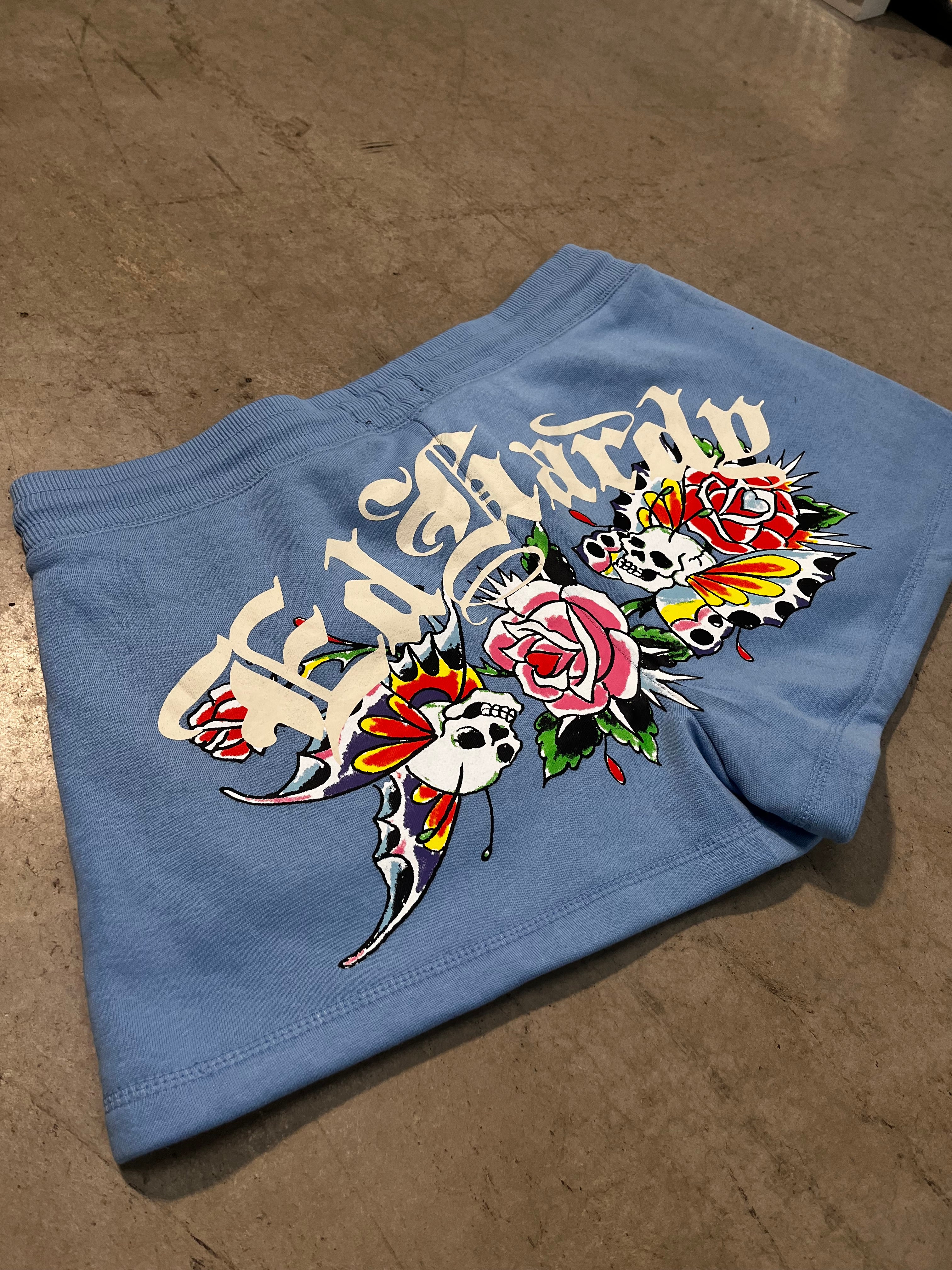 ED HARDY “Flower Skulls” BLUE BOOTY SHORTS