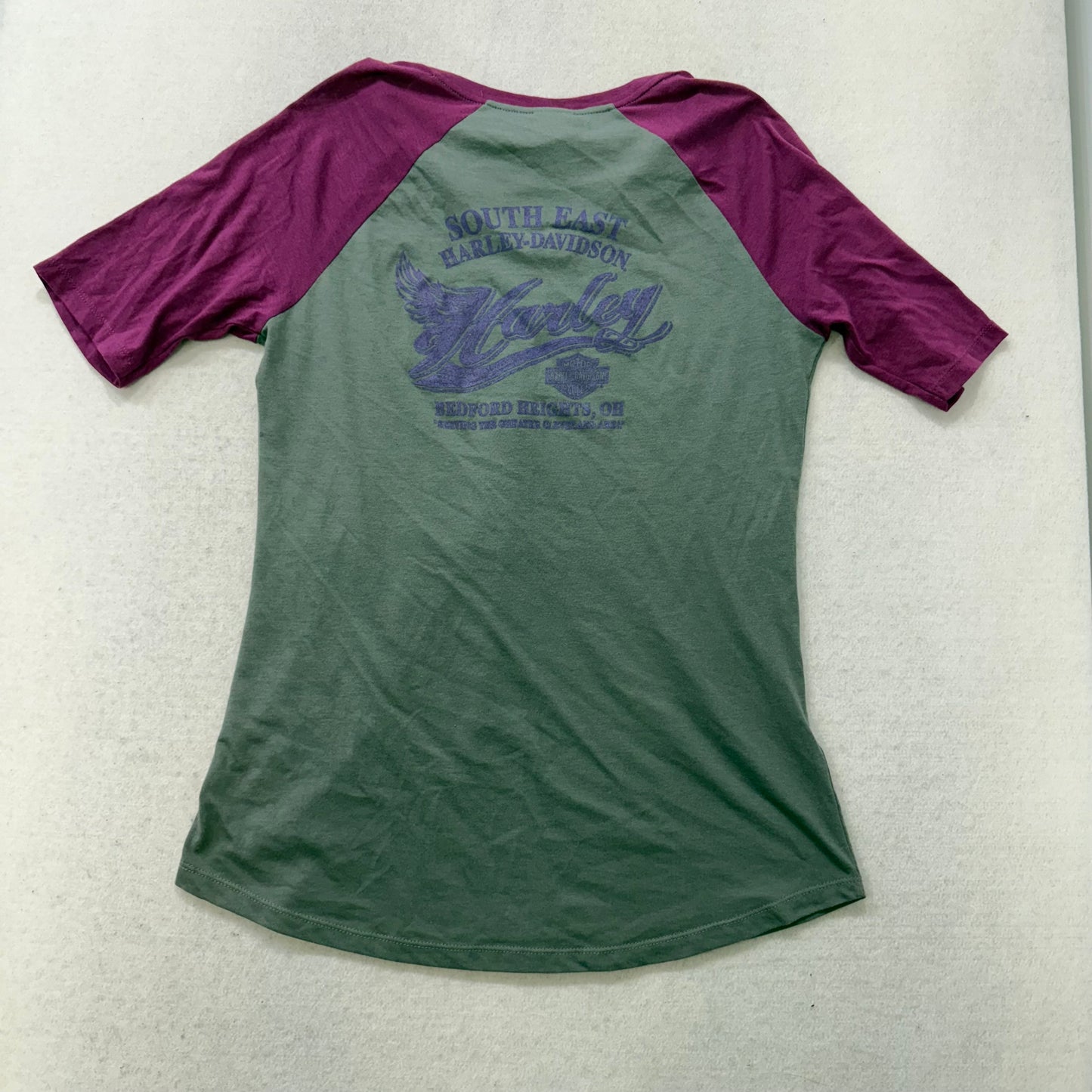 Harley-Davidson Women's Gray Purple Winged Graphic T-Shirt Raglan Sleeves Size L