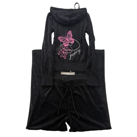 Juicy Couture Women's Black Velour Tracksuit Set Zip-Up Hoodie & Track Pant - M