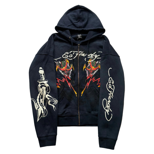 ED HARDY “Tiger Flame” SUNFADED NAVY BOXY ZIP UP HOODIE