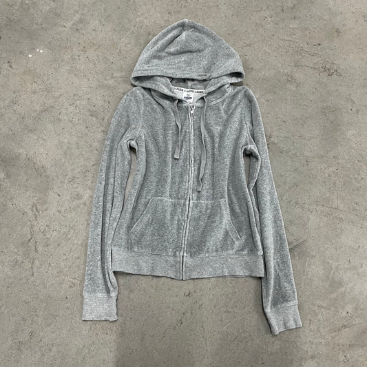 Vintage Victoria’s Secret PINK Gray Velour “LOVE PINK” Back Graphic Hoodie Size S - Clean Curriculums 