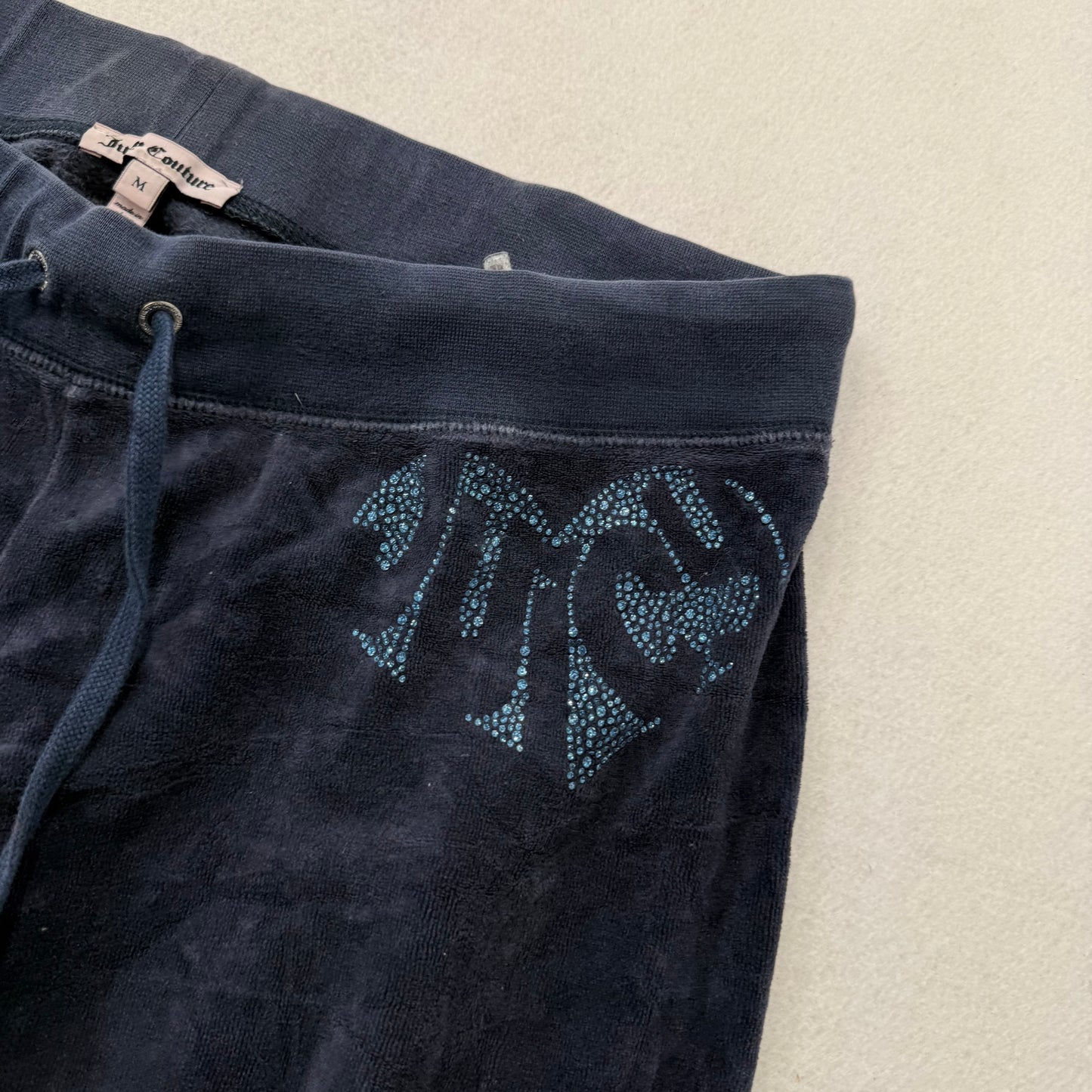 Juicy Couture Women's Navy Blue Velour Flared Track Pant Rhinestones Logo Size M