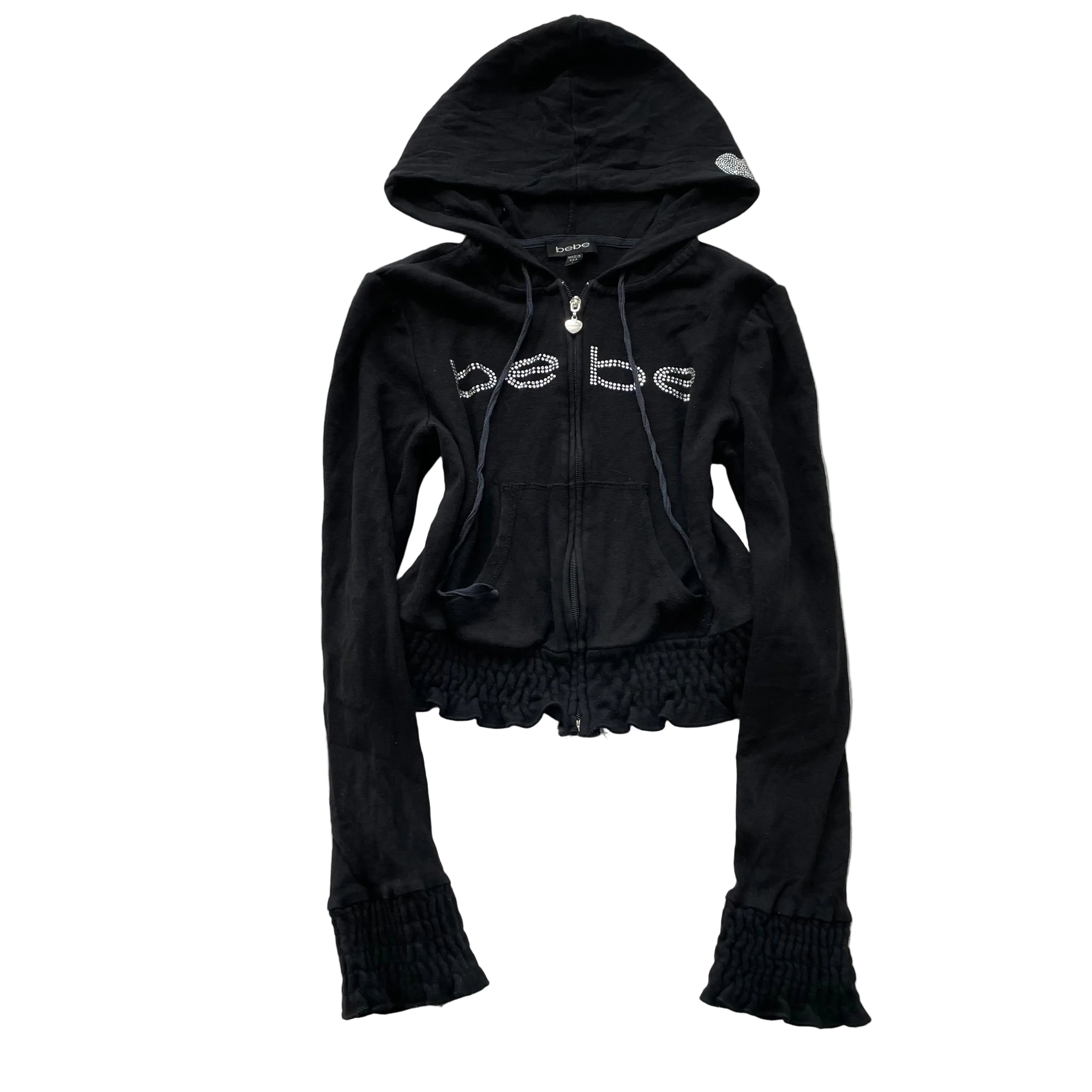 Vintage Bebe Women's Black Velour Zip-Up Cropped Hoodie Rhinestone Logo Size L