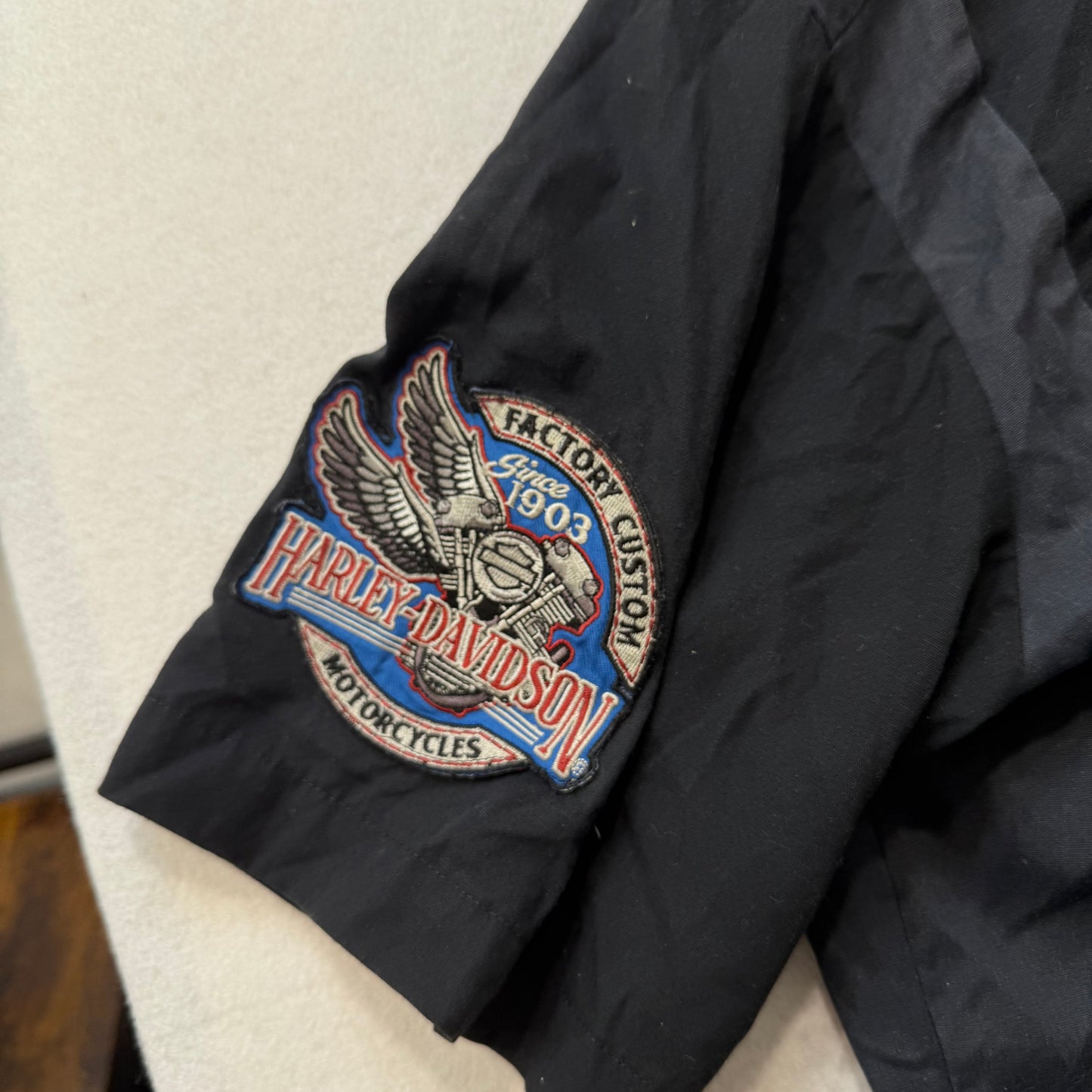 Harley-Davidson Men’s Black Mechanic Work Shirt Embroidered Logo Patches Size L