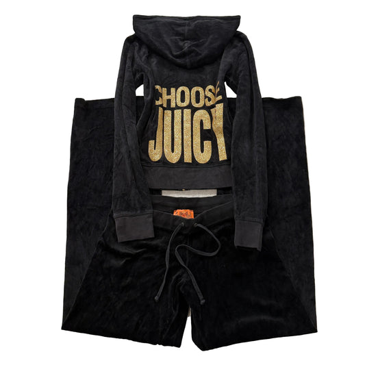 2003 Vintage Juicy Couture Choose Juicy Womens Black Velour Tracksuit Set Size S