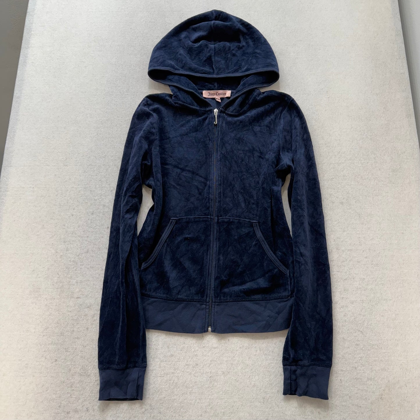 Juicy Couture Womens Midnight Navy Blue Velour Zip Up Hoodie Graphic Logo Size M