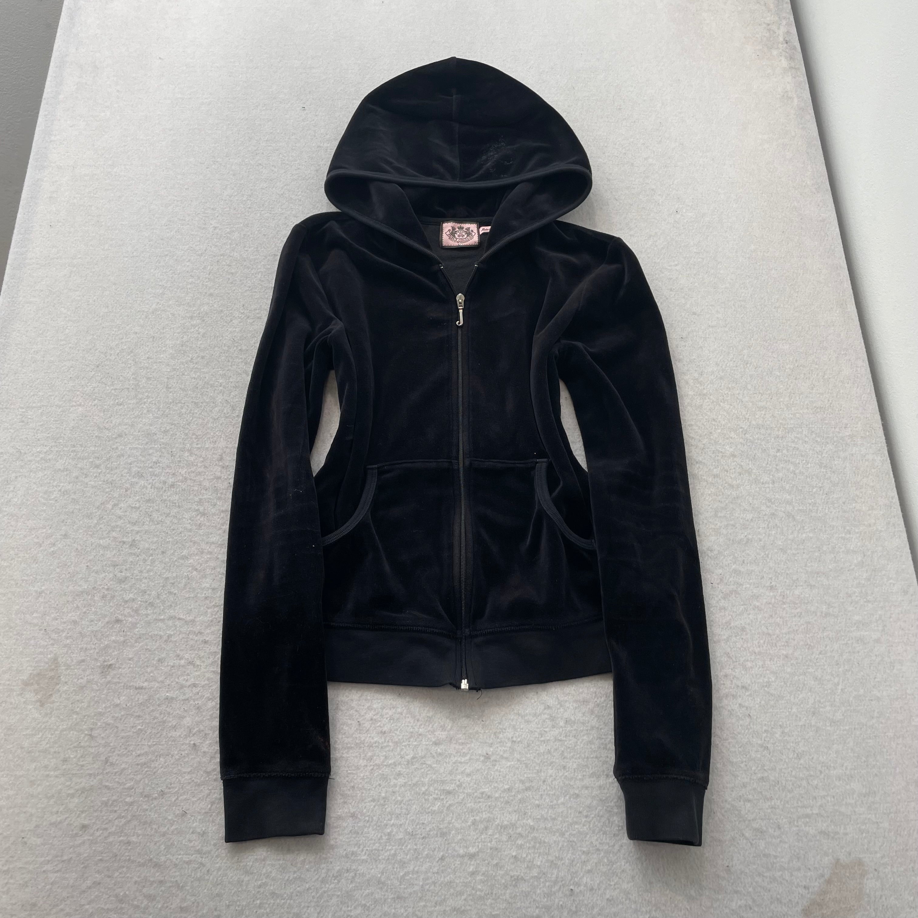 Vtg Juicy Couture Black Velour Tracksuit Set Graphic Hoodie & Track Pant - L/M