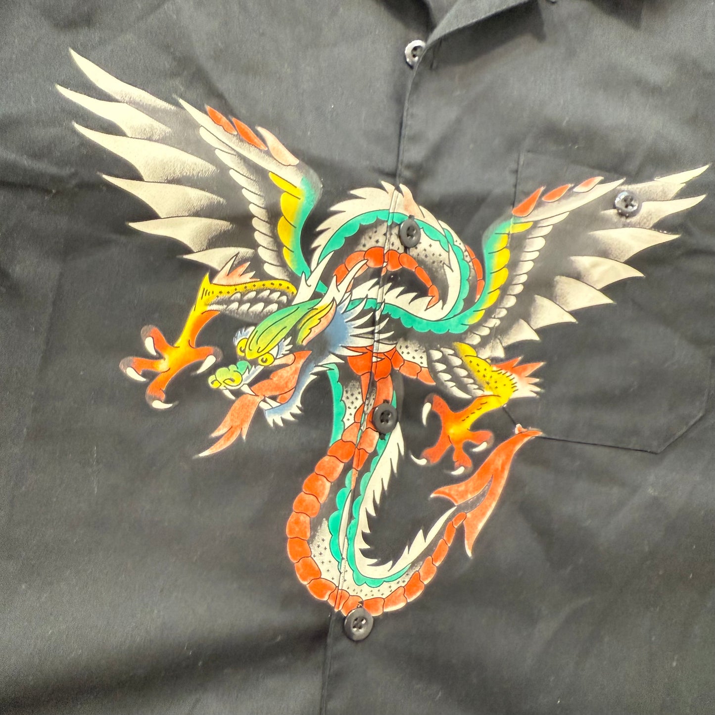 Ed Hardy Tattoo Black Button Up Shirt Dragon Wing Embroidery Short Sleeve XL