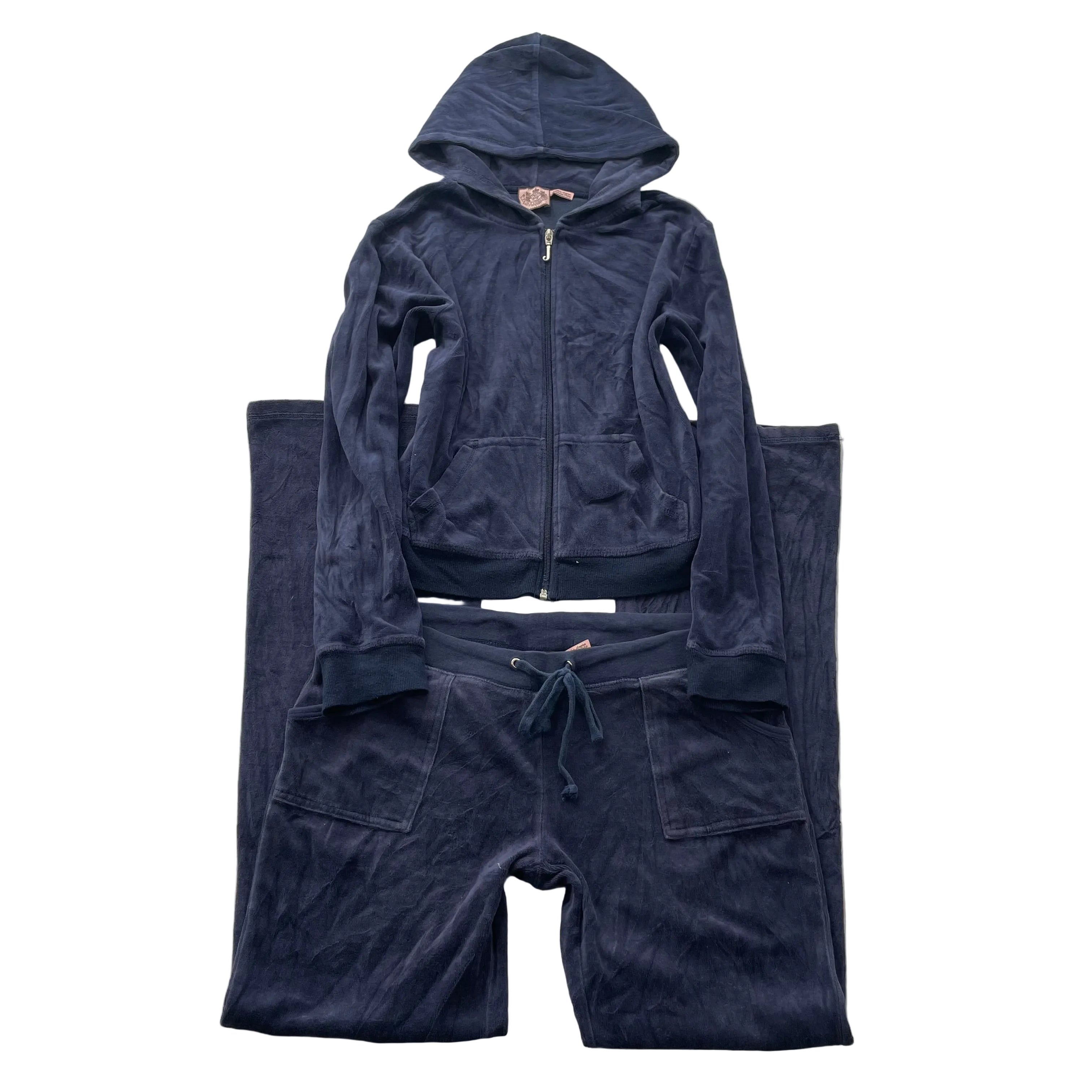 Vintage Juicy Couture Women Navy Velour Tracksuit Set Hoodie & Track Pant Size L