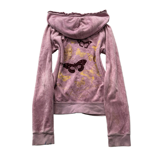 Juicy Couture Women's Pink Velour Zip-Up Hoodie Pockets Butterfly Print Size 14