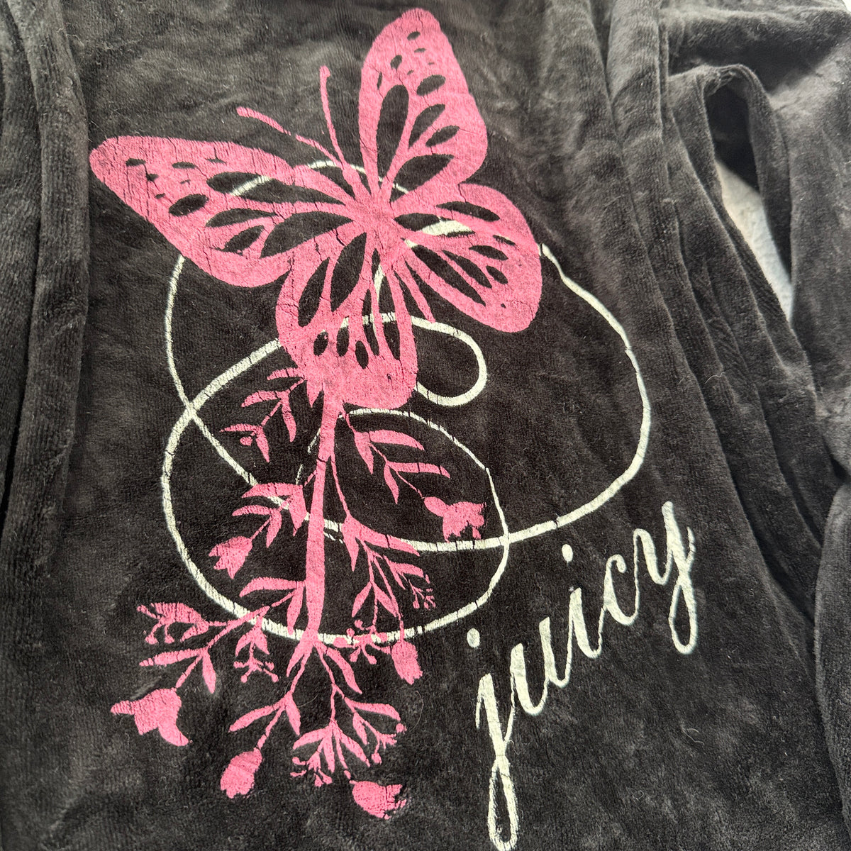 Vintage Juicy Couture Womens Black Velour Zip-Up Hoodie Butterfly Graphic Size L