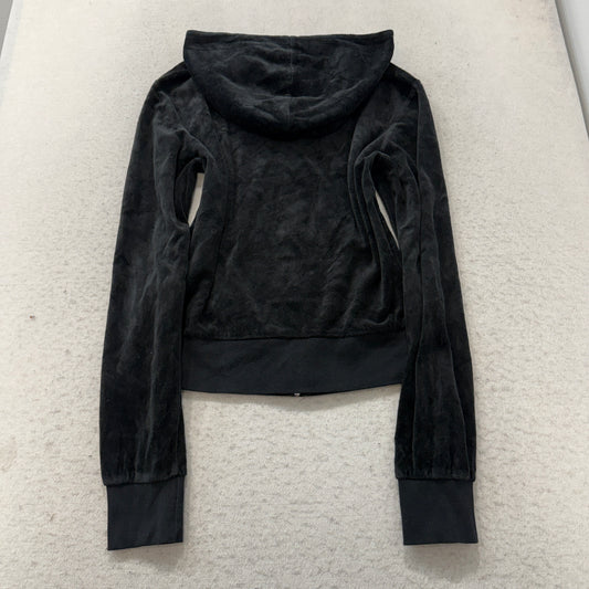 Vintage Juicy Couture Womens Black Velour Zip-Up Hoodie Loungewear Pocket Size L
